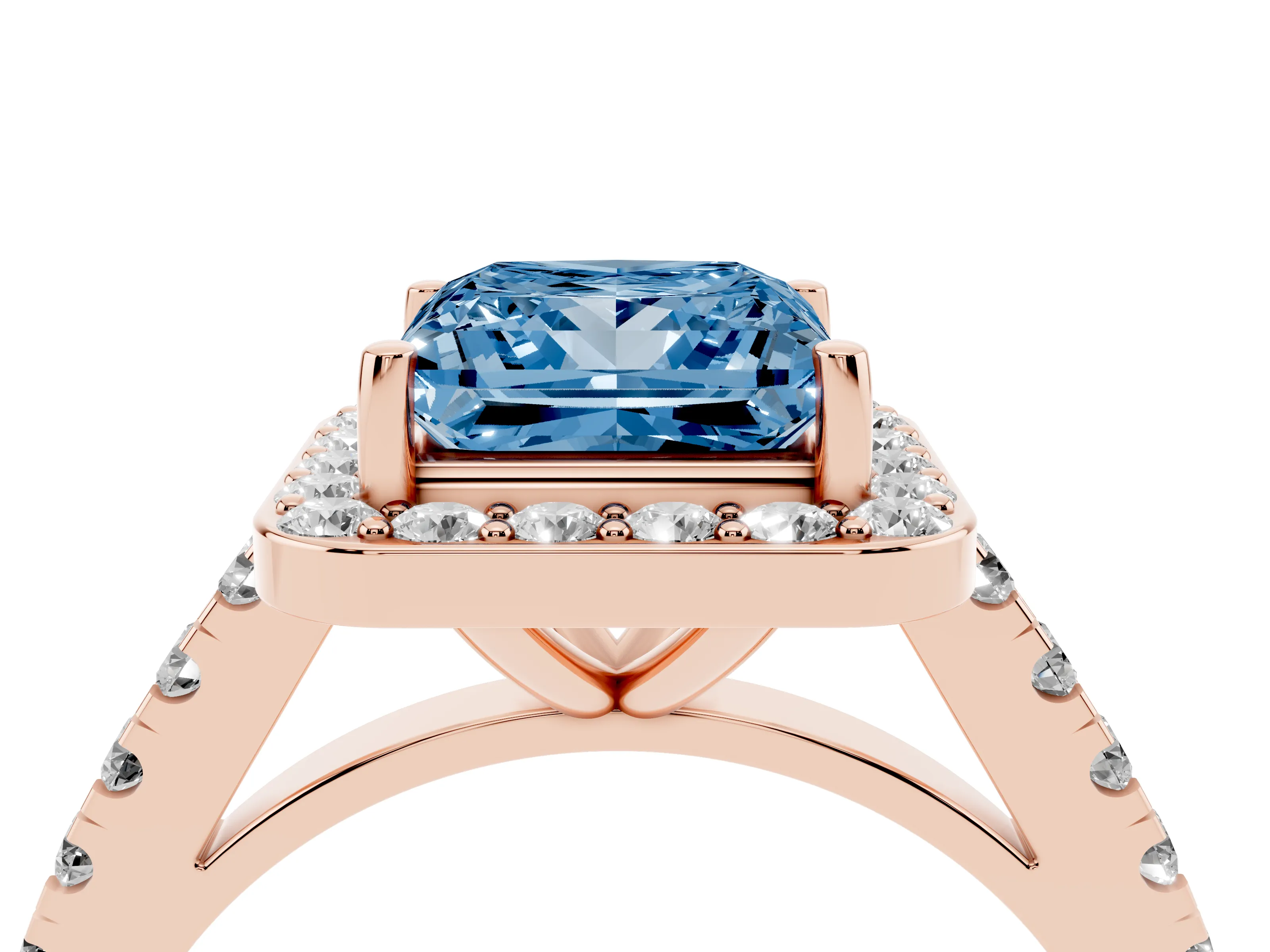 Fancy Blue Princess Cut Diamond Halo Ring Set in Rose gold with Round Pavé Split Shank and Prong Setting