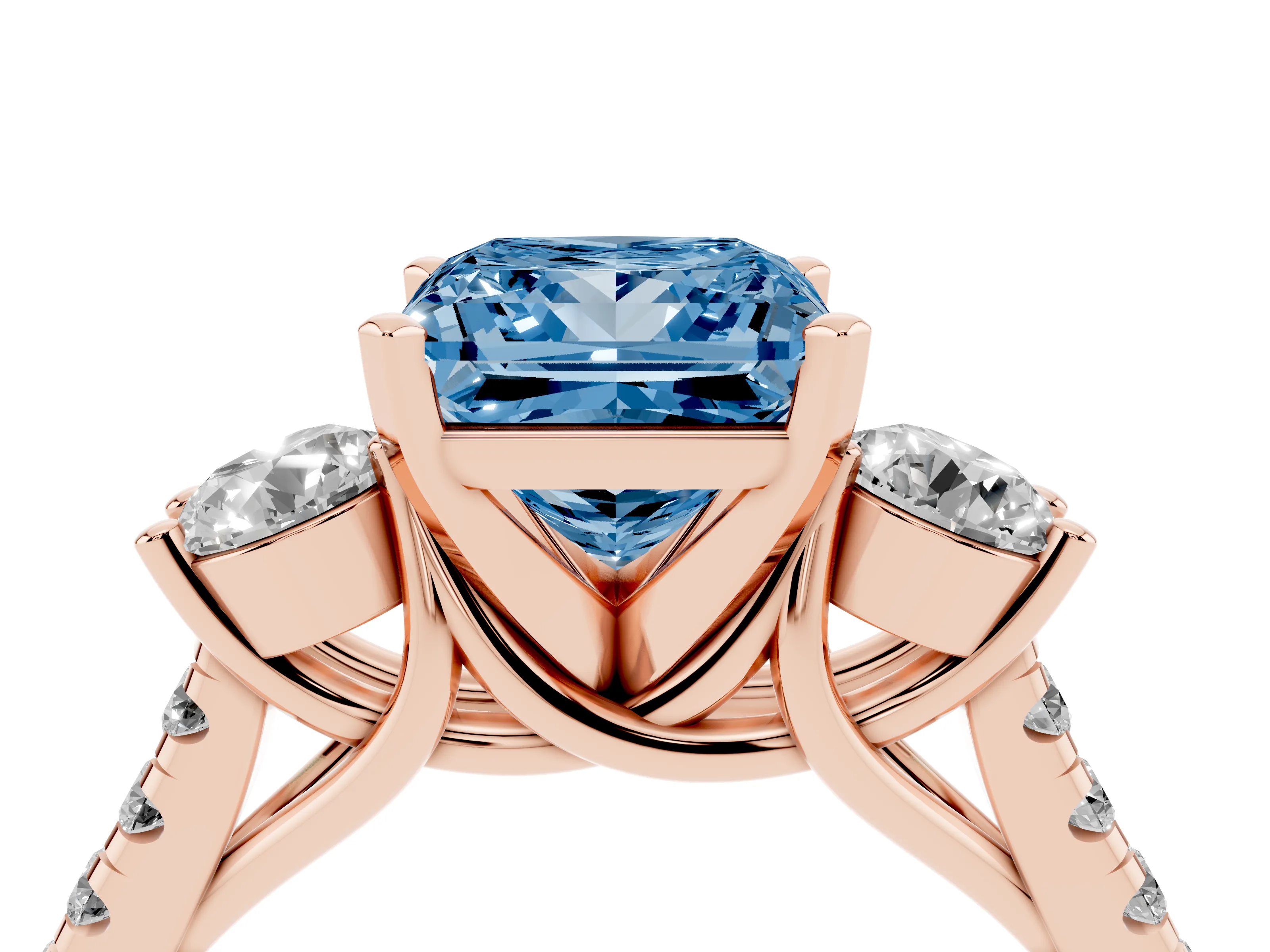 Fancy Blue Three-Stone Princess Cut Diamond Pavé Band Ring Set in Rose gold with Prong-Set Trio