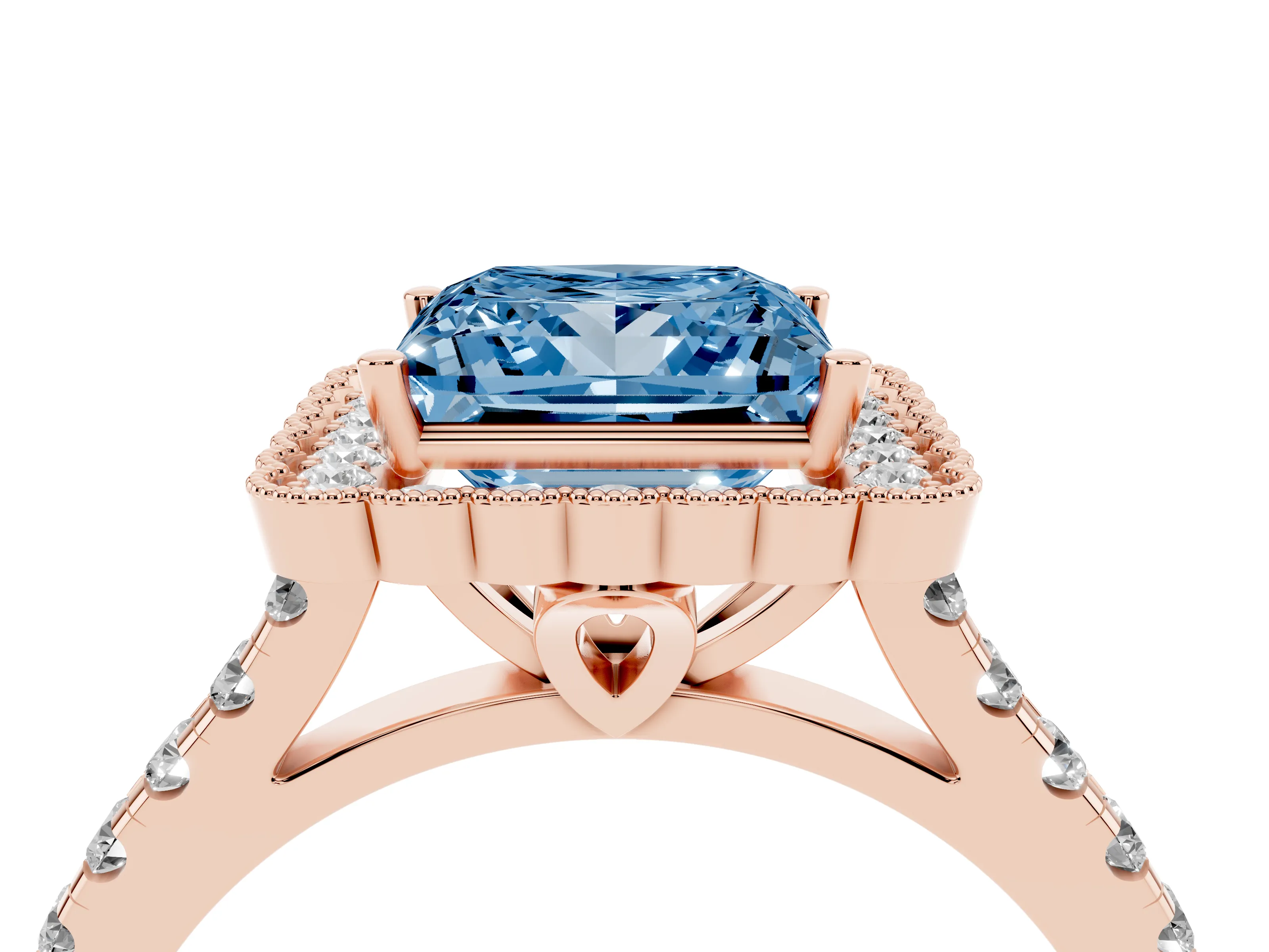 Fancy Blue Princess Cut Diamond Milgrain Floral Halo Engagement Ring Set in Rose gold with Pavé Band