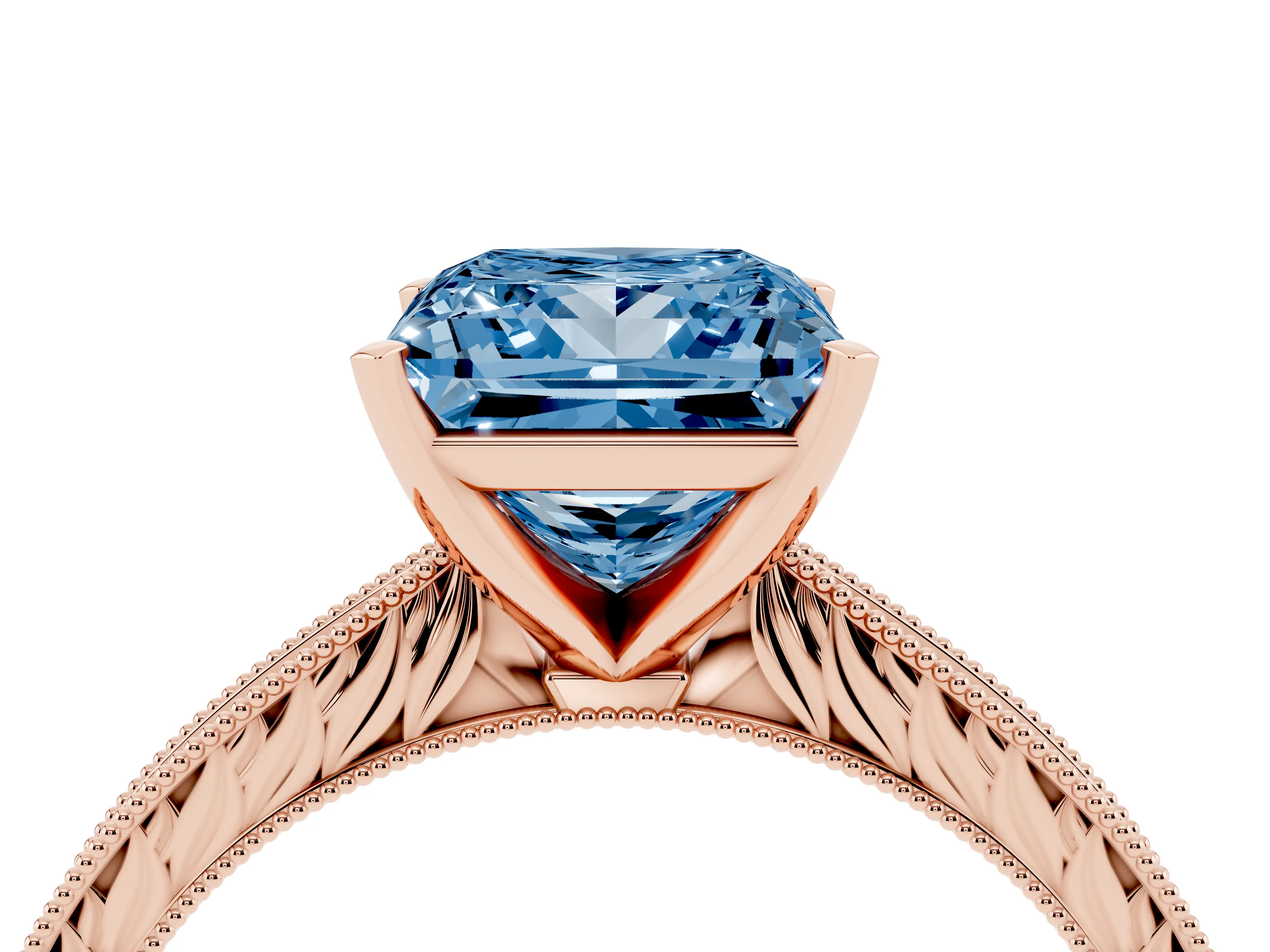 Fancy Blue Princess Cut Diamond Solitaire Milgrain Engraved Band Set in Rose gold with Prong Setting