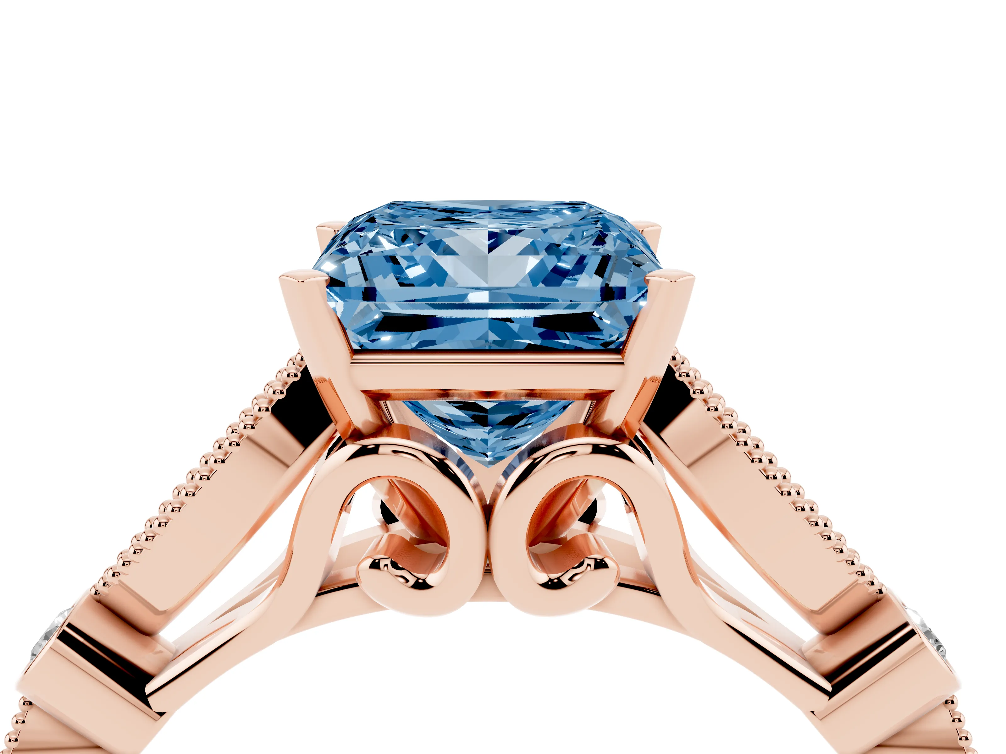 Fancy Blue Princess Cut Diamond Solitaire Ring Set in Rose gold with Milgrain Marquise and Bezel Accents