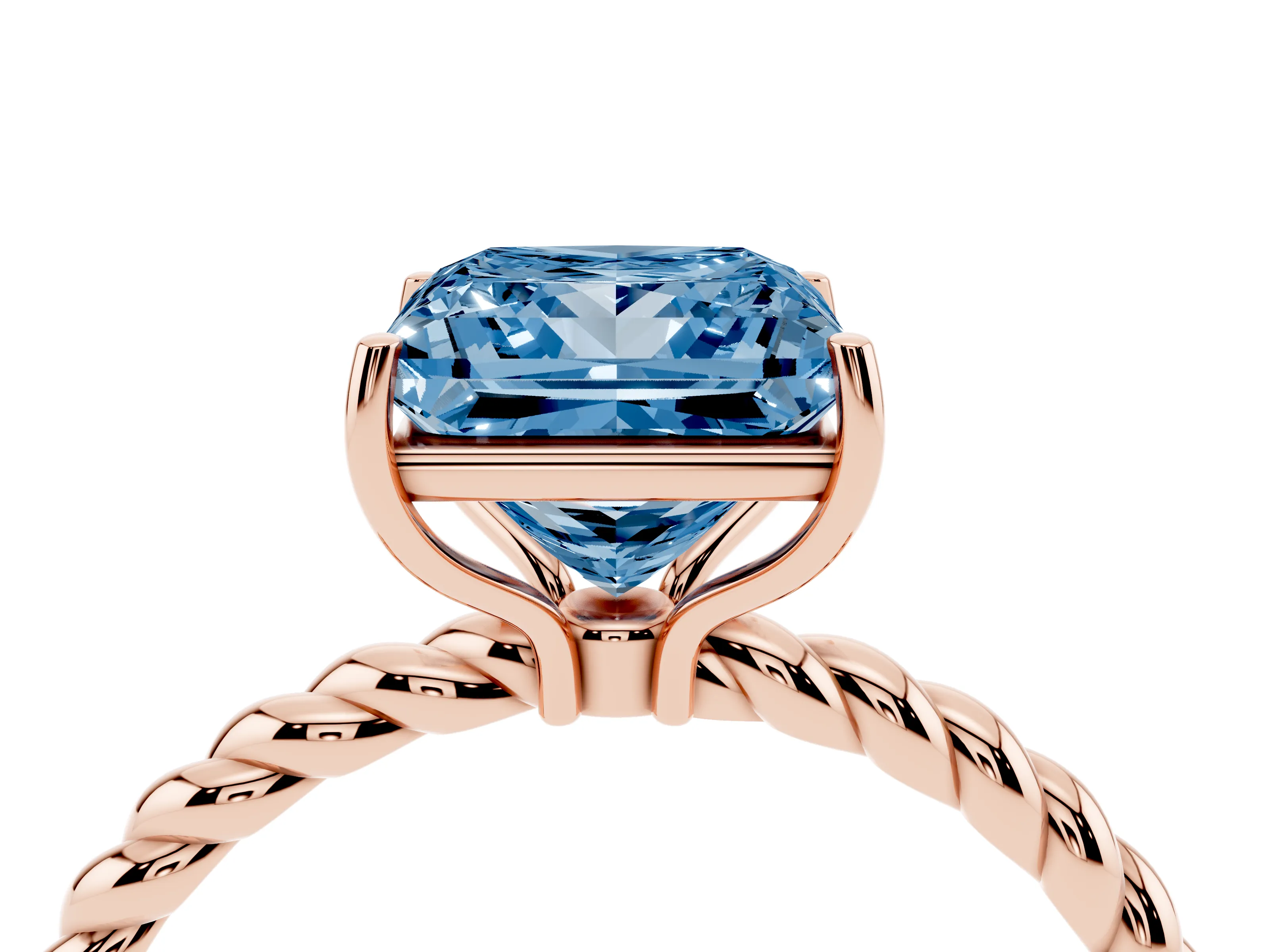 Fancy Blue Princess Cut Diamond Solitaire Ring Set in Rose gold with Twist Band and Prong Setting
