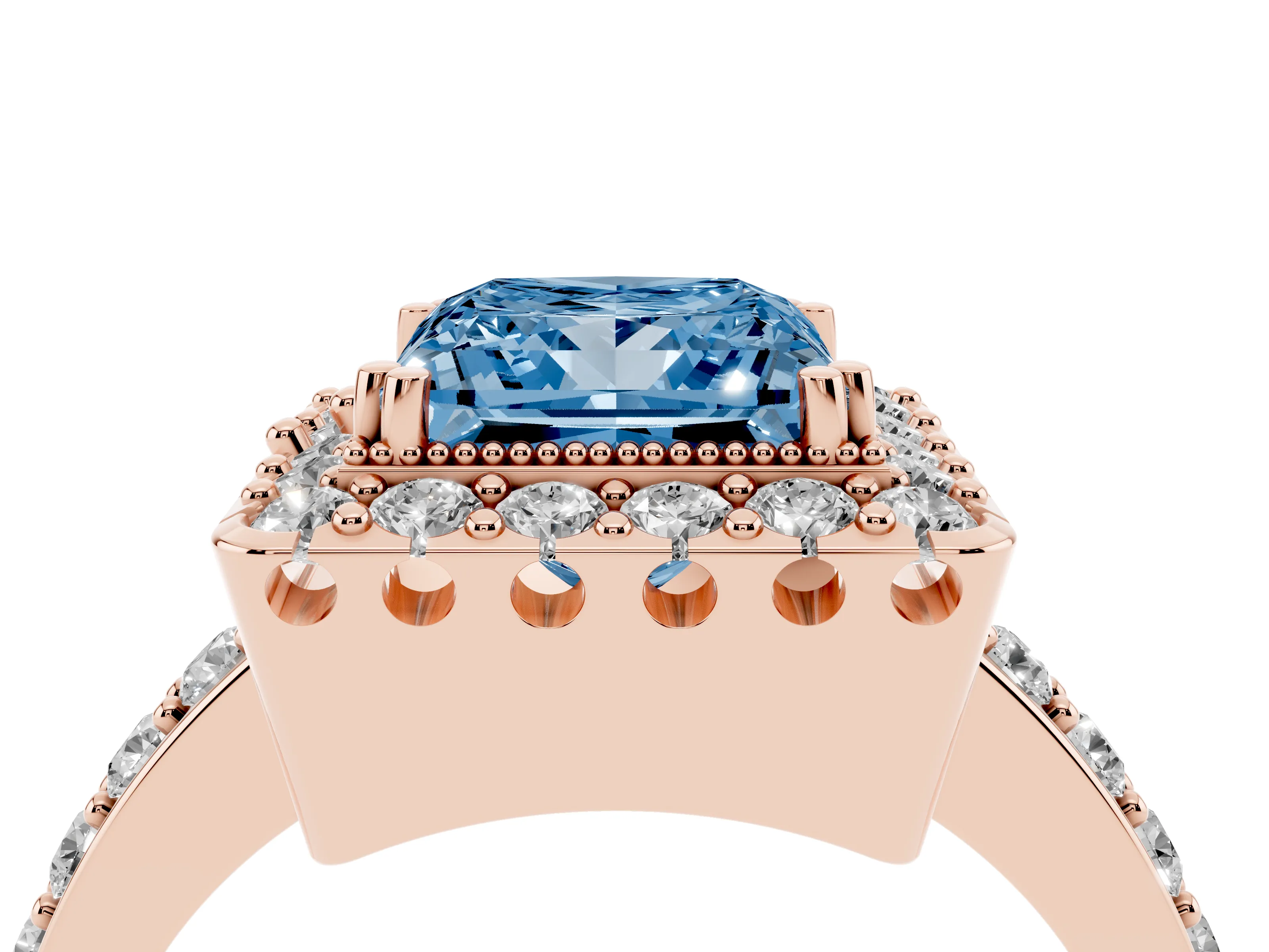 Fancy Blue Princess Cut Diamond Halo Ring Set in Rose gold with Pavé Shank and Prong Setting