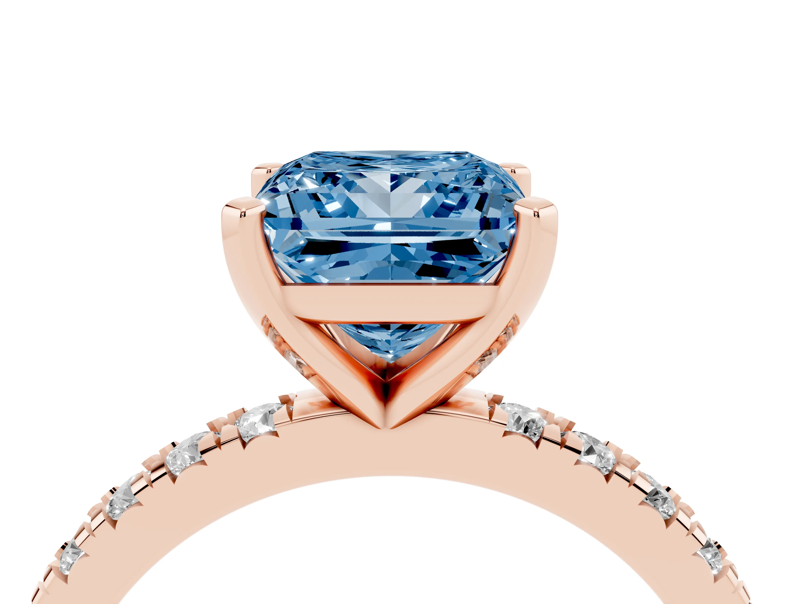 Fancy Blue Princess Cut Diamond Pavé Band Solitaire Set in Rose gold with Prong Setting