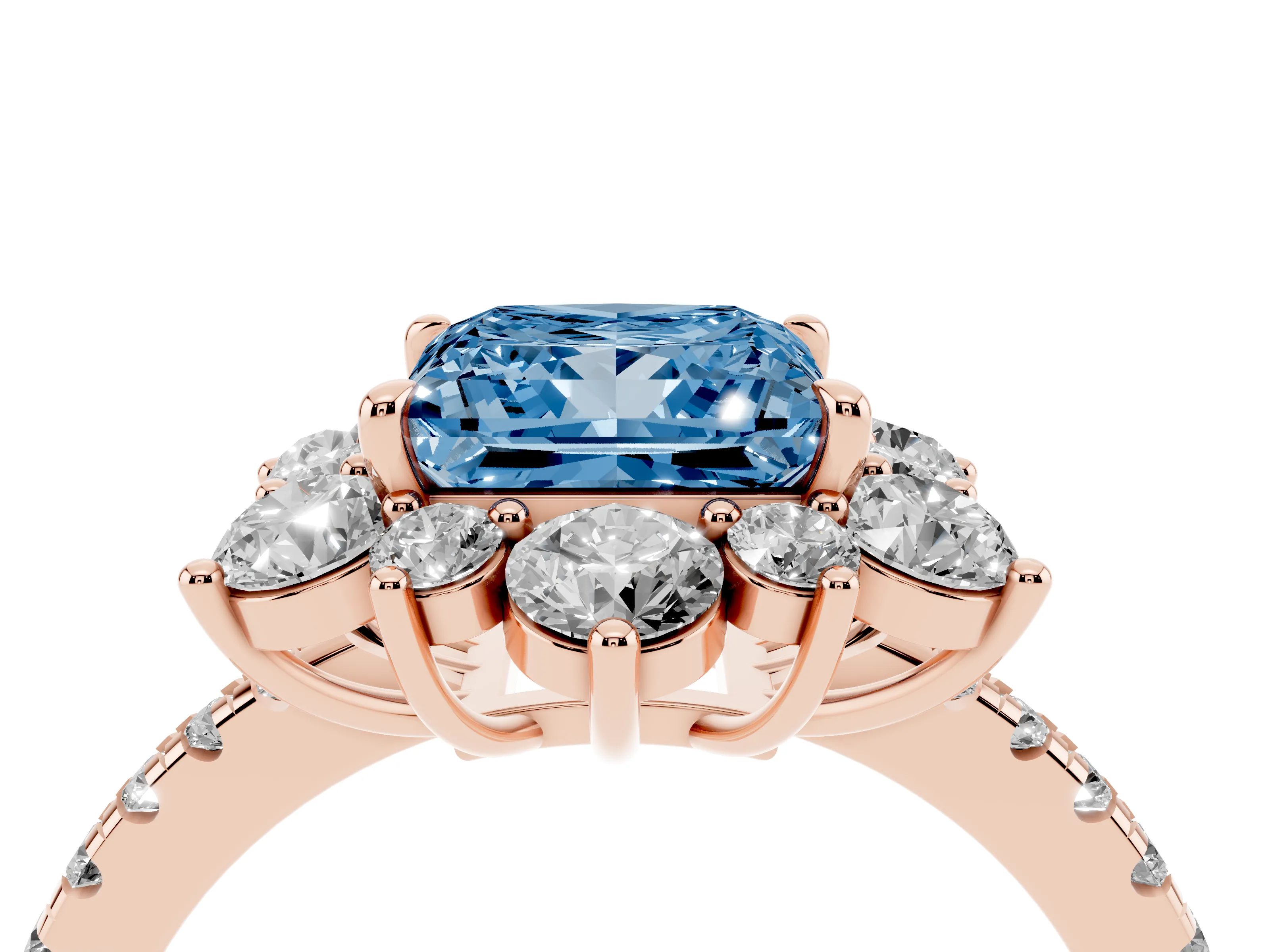 Fancy Blue Princess Cut Diamond Floral Halo Ring Set in Rose gold with Round Pavé Band and Prong Setting