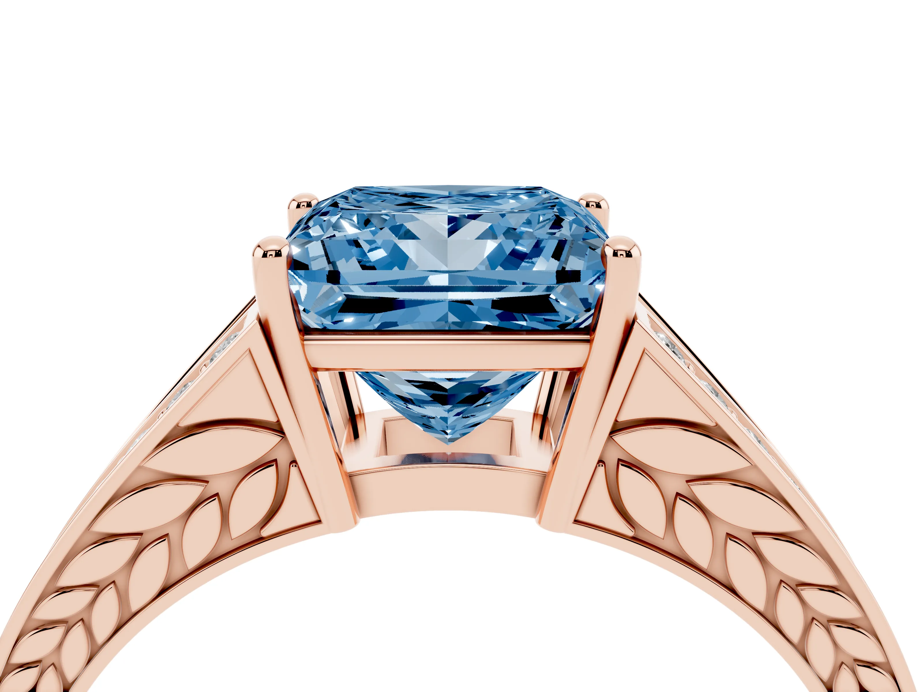 Fancy Blue Princess Cut Diamond Split Shank Ring Set in Rose gold with Pavé Band and Prong Setting