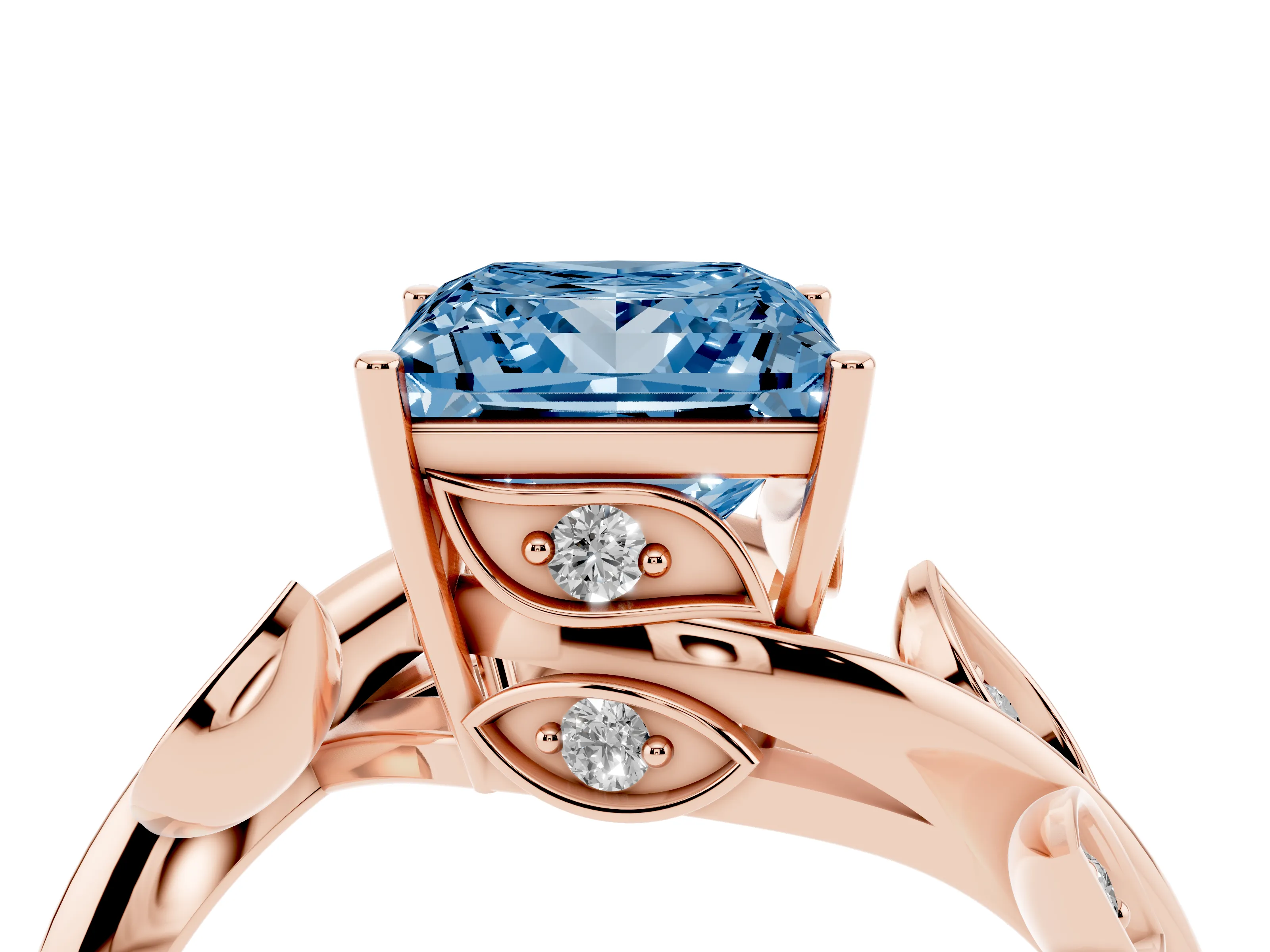 Fancy Blue Princess Cut Diamond Solitaire Twist Engagement Ring Set in Rose gold with Pavé Leaf Accents