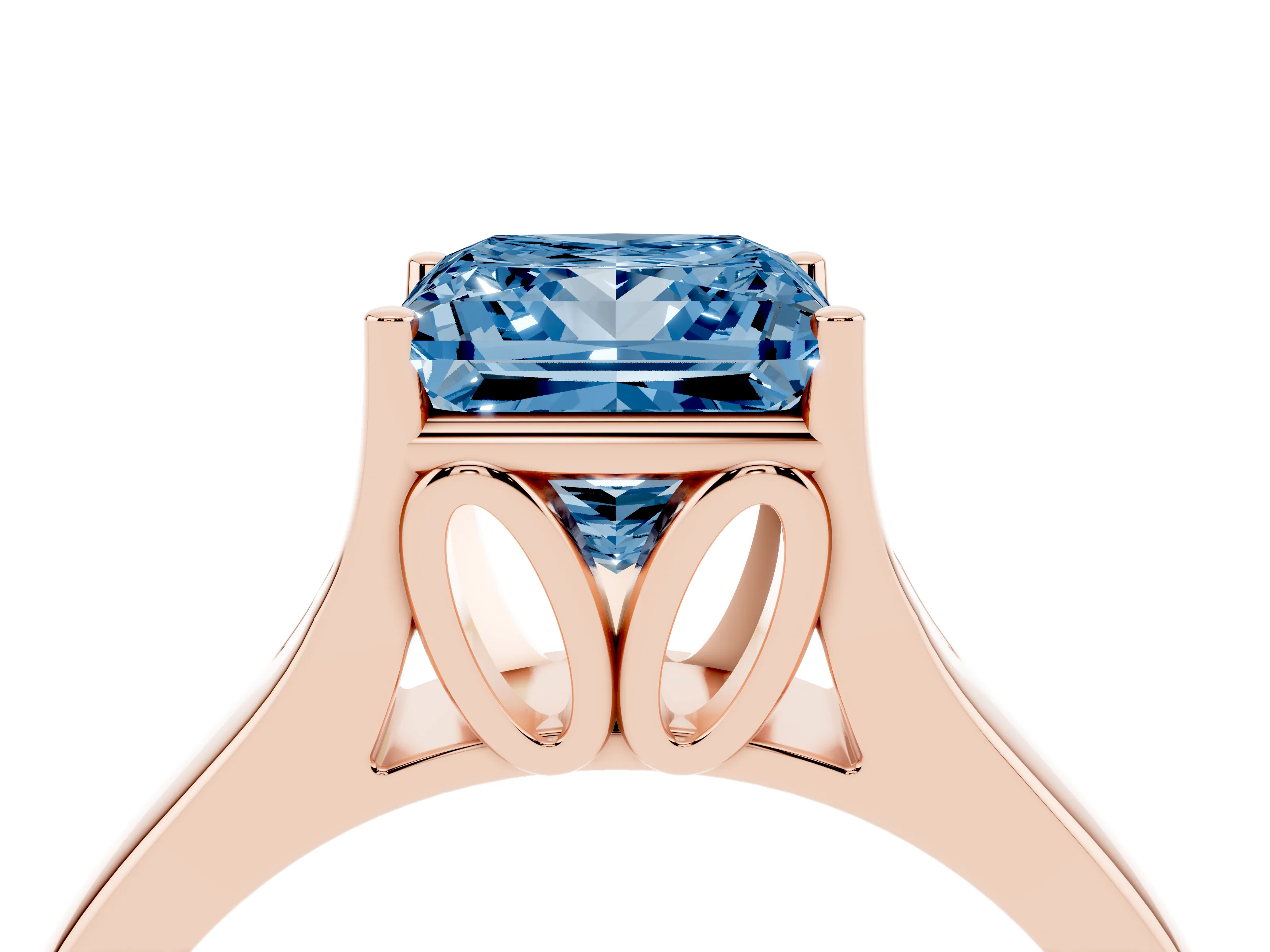 Fancy Blue Princess Cut Diamond Solitaire Ring Set in Rose gold with Arched Cathedral Band and Prong Setting