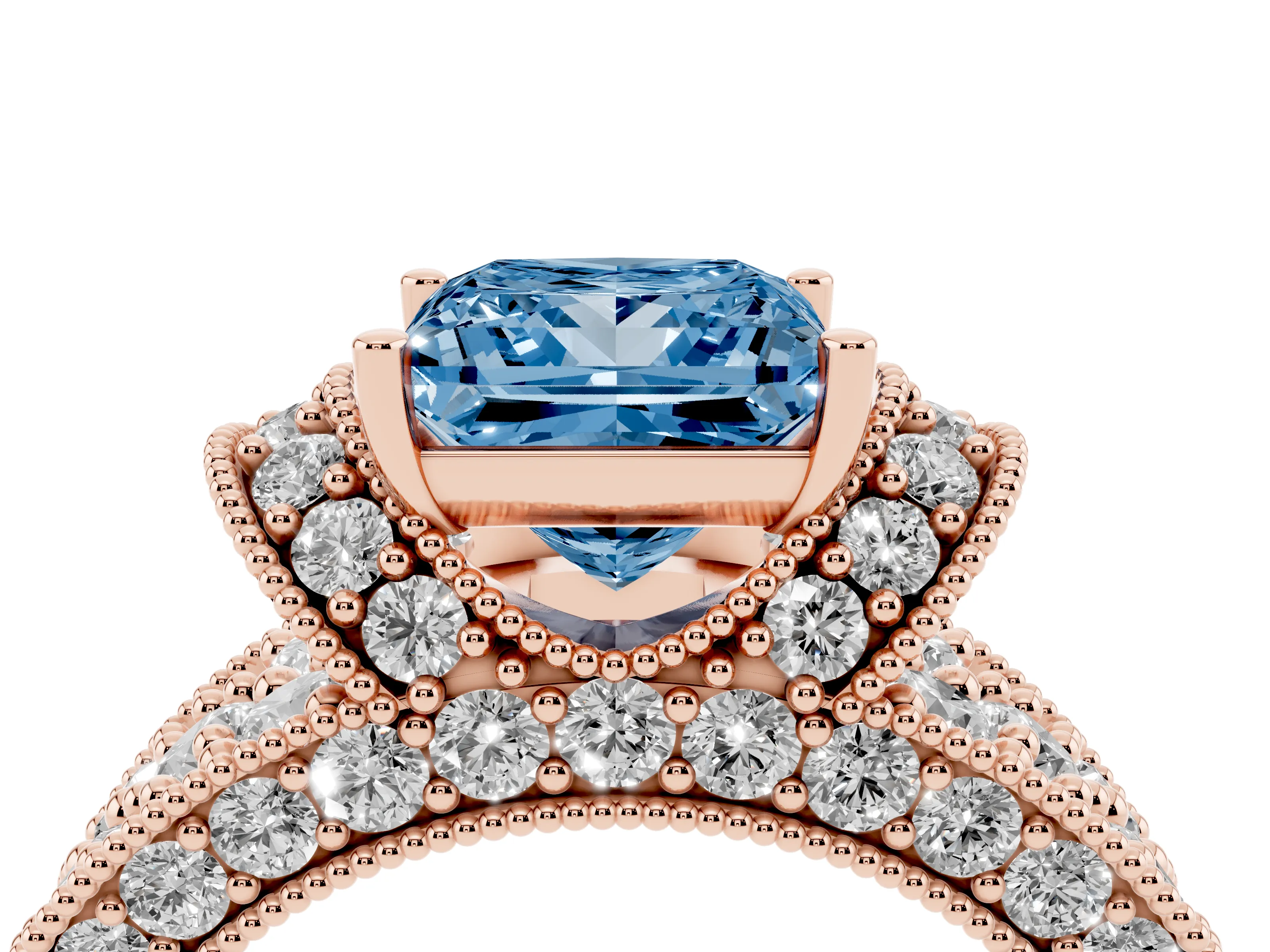 Fancy Blue Princess Cut Diamond Milgrain Halo Pavé Engagement Ring Set in Rose gold with Prong Setting