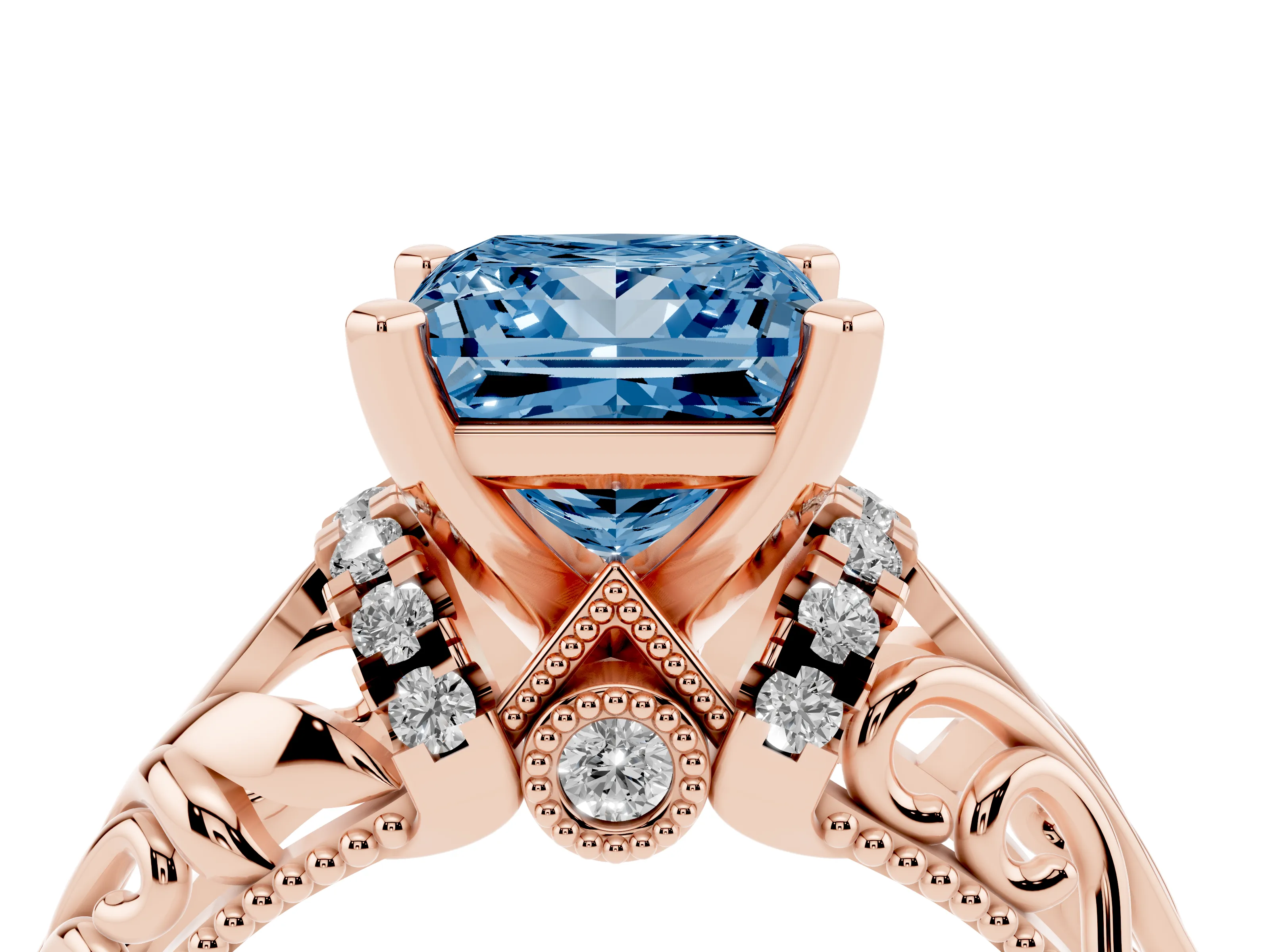 Fancy Blue Princess Cut Diamond Filigree Halo Engagement Ring Set in Rose gold with Prong Setting