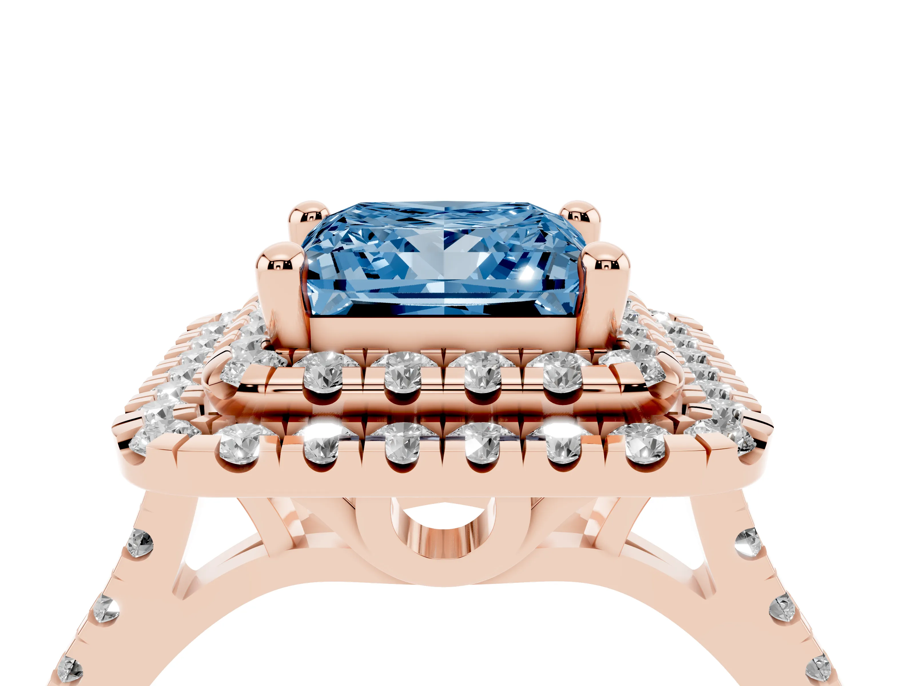 Fancy Blue Princess Cut Diamond Double Halo Statement Ring Set in Rose gold with Pavé Band