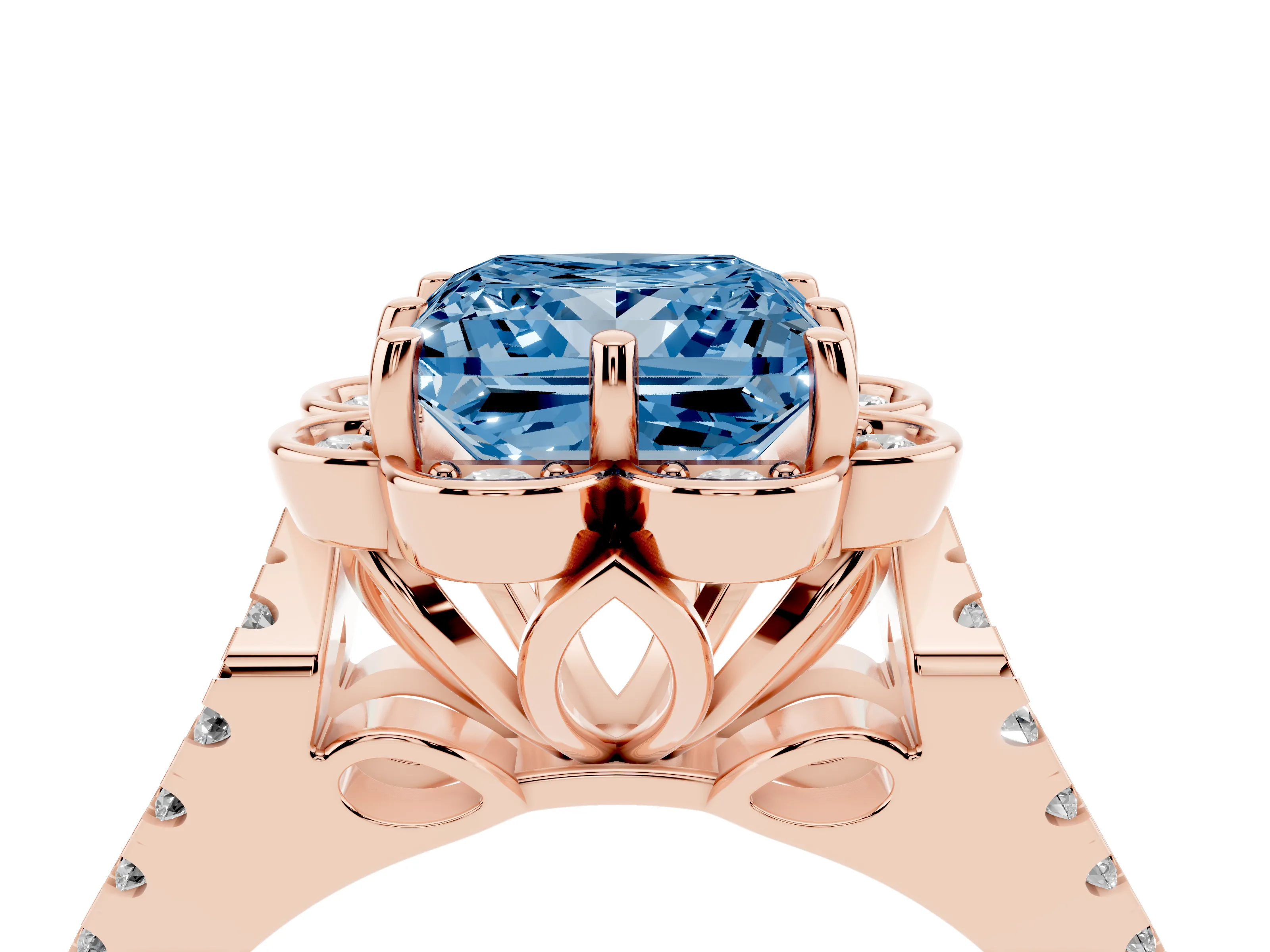 Fancy Blue Princess Cut Diamond Floral Halo Split Shank Engagement Ring Set in Rose gold with Pavé Shank