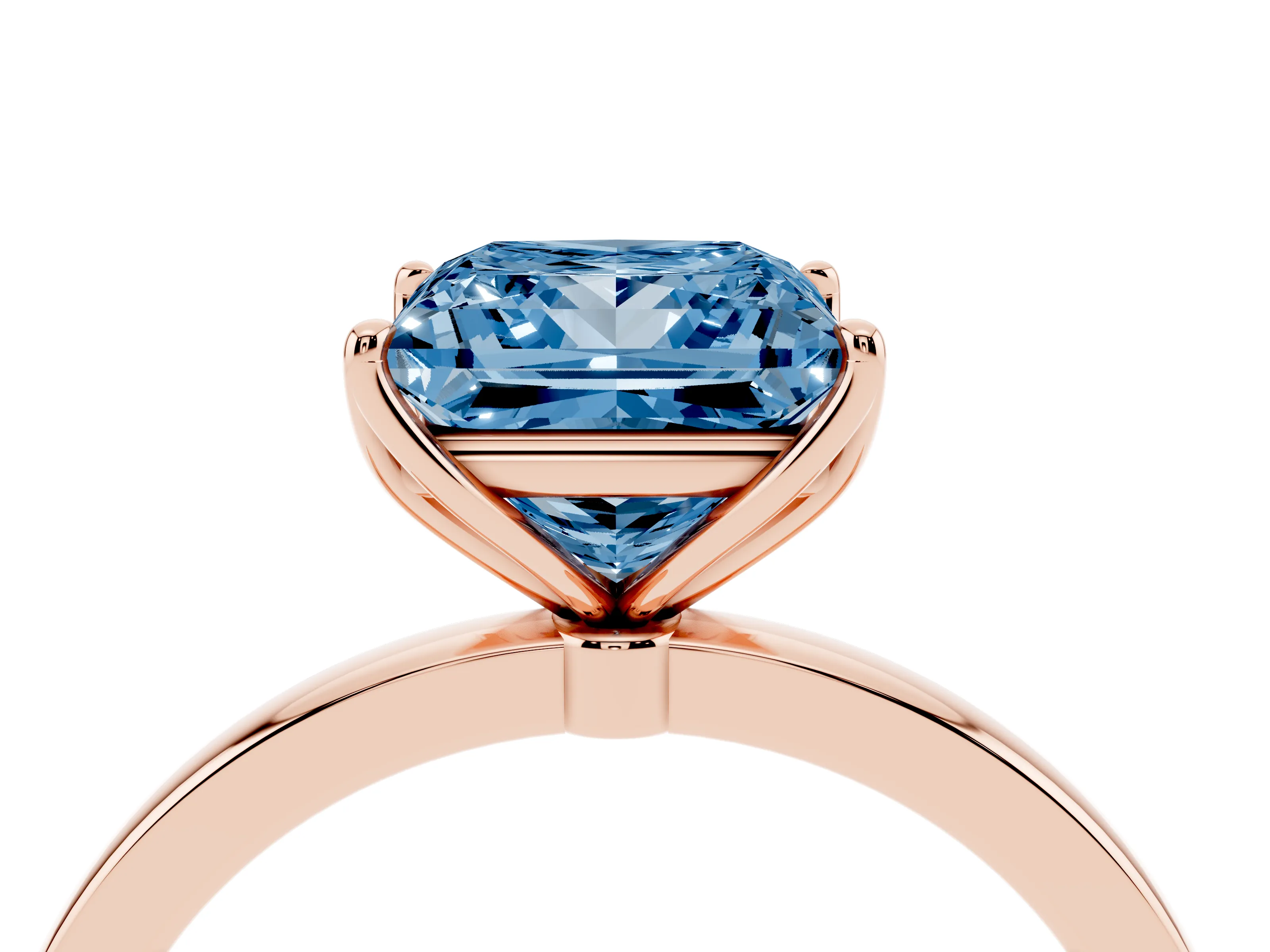 Fancy Blue Princess Cut Diamond Solitaire Ring Set in Rose gold with Prong Setting and Thin Polished Band