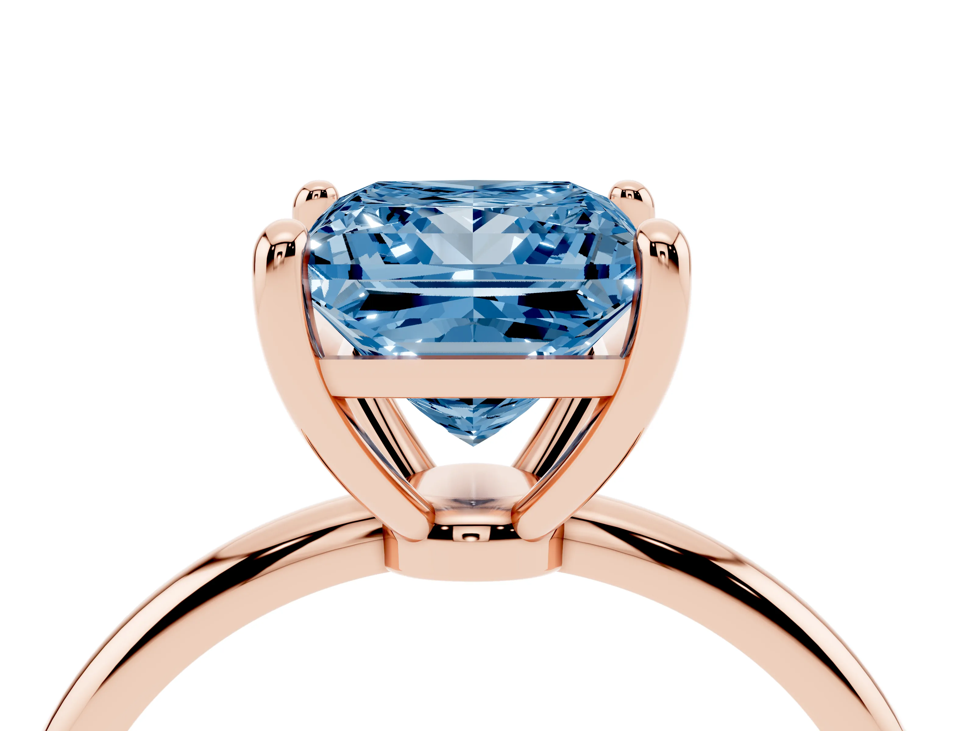 Fancy Blue Princess Cut Diamond Solitaire Ring Set in Rose gold with Secure Prong Setting on a Classic Band