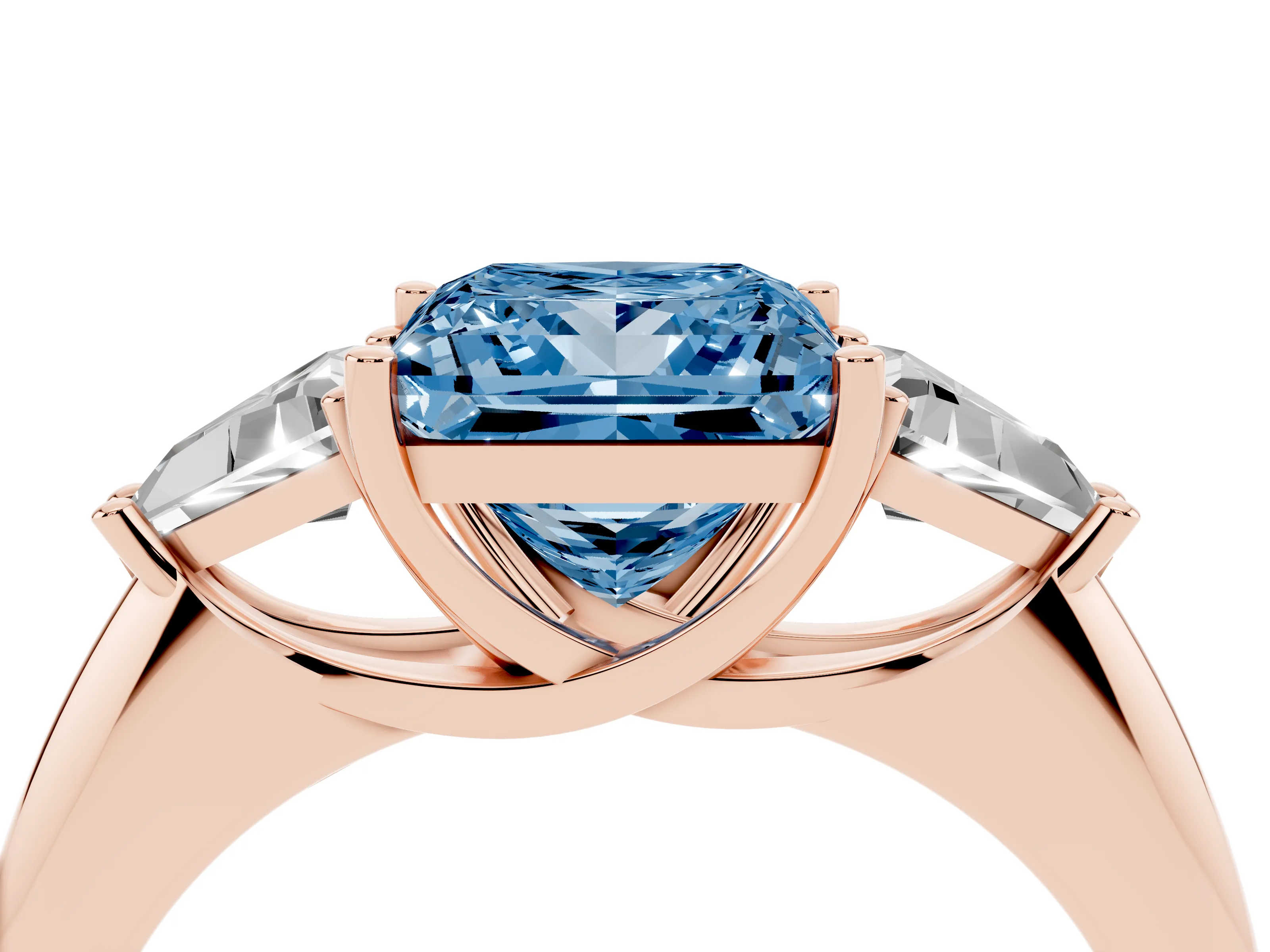 Fancy Blue Princess Cut Diamond Three-Stone Engagement Ring Set in Rose gold with Trillion Side Stones