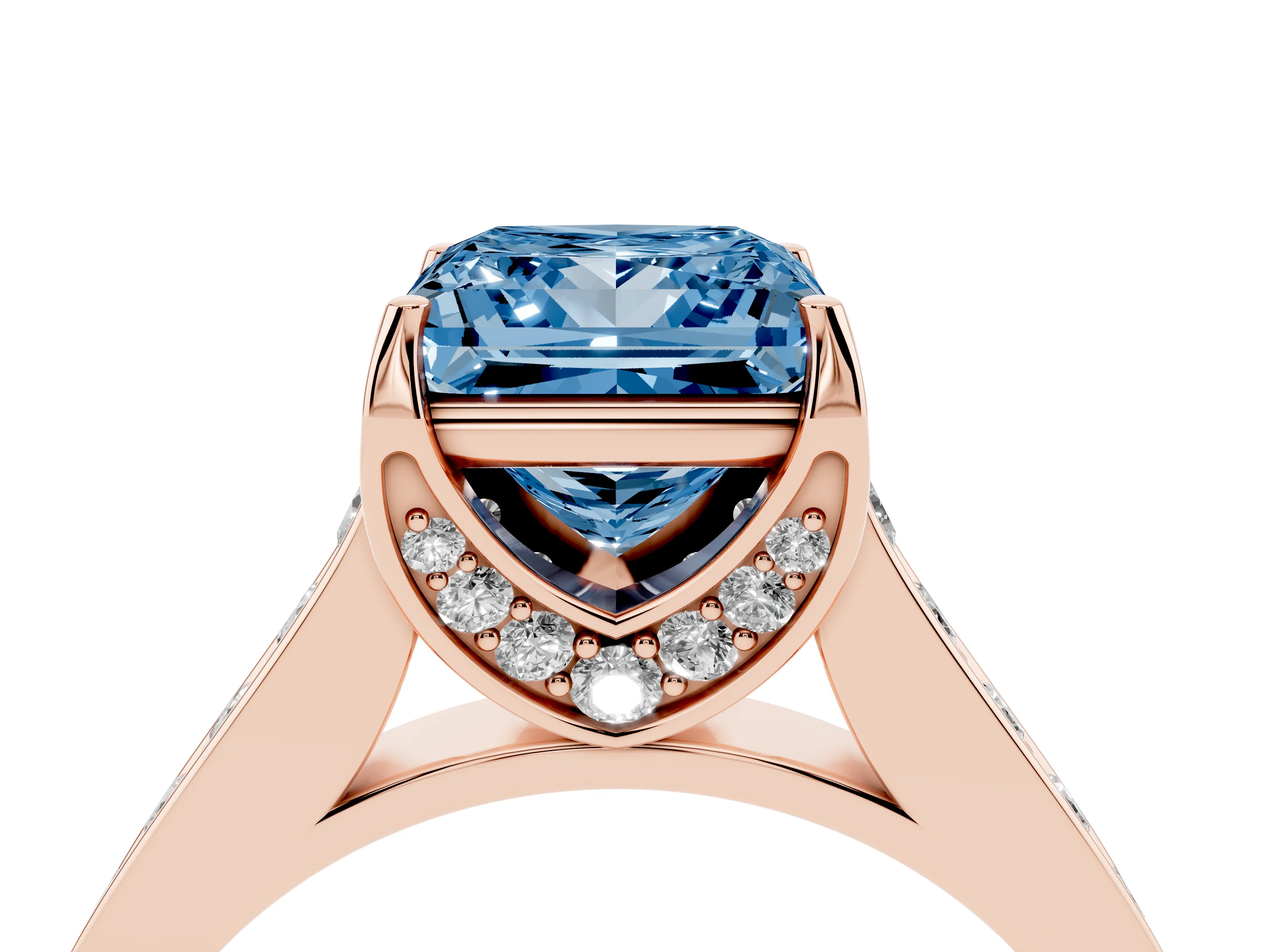 Fancy Blue Princess Cut Diamond Solitaire Pavé Engagement Ring Set in Rose gold with Prong Setting
