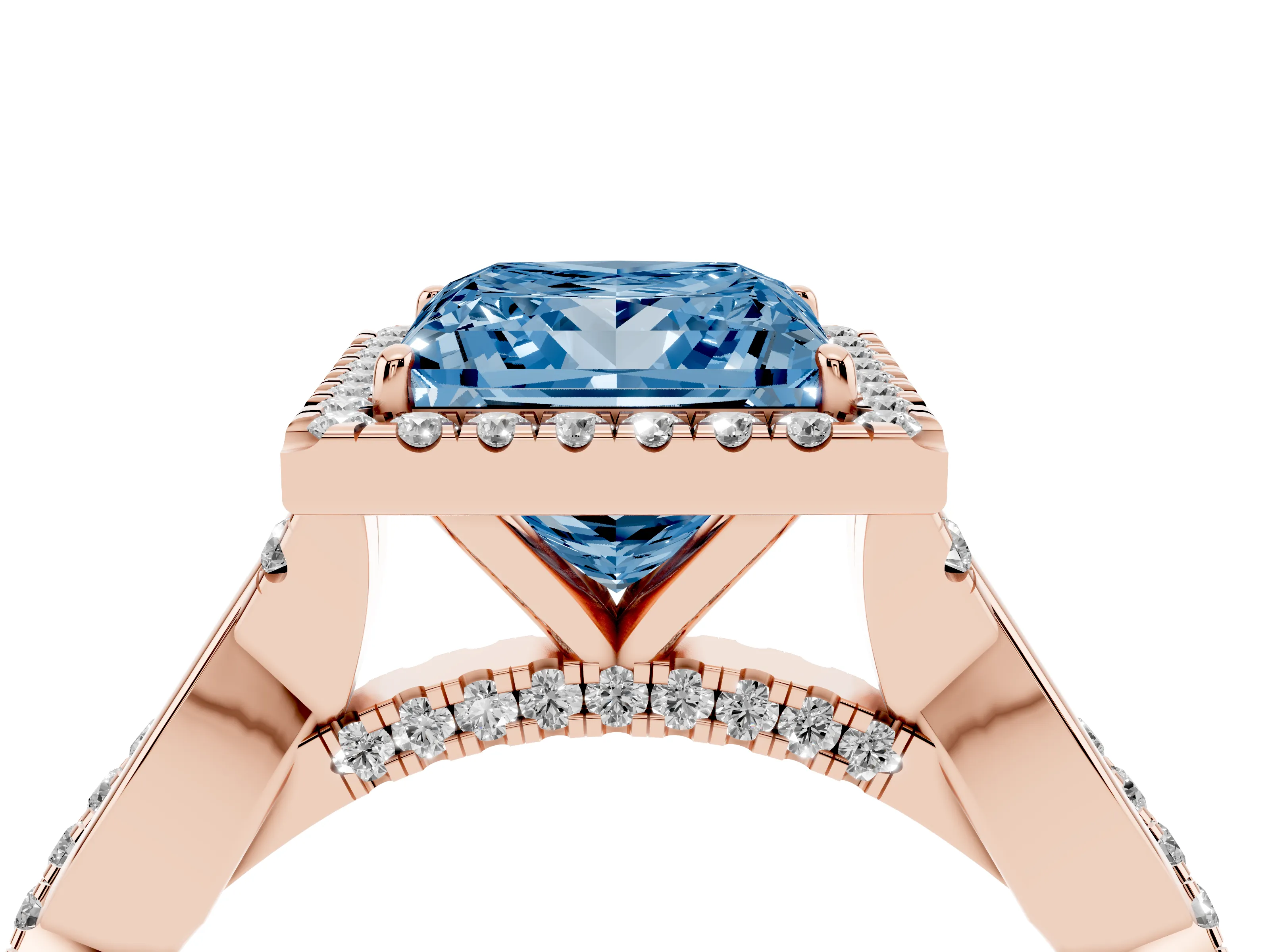 Fancy Blue Princess Cut Diamond Halo Twist Band Solitaire Ring Set in Rose gold with Prong Setting