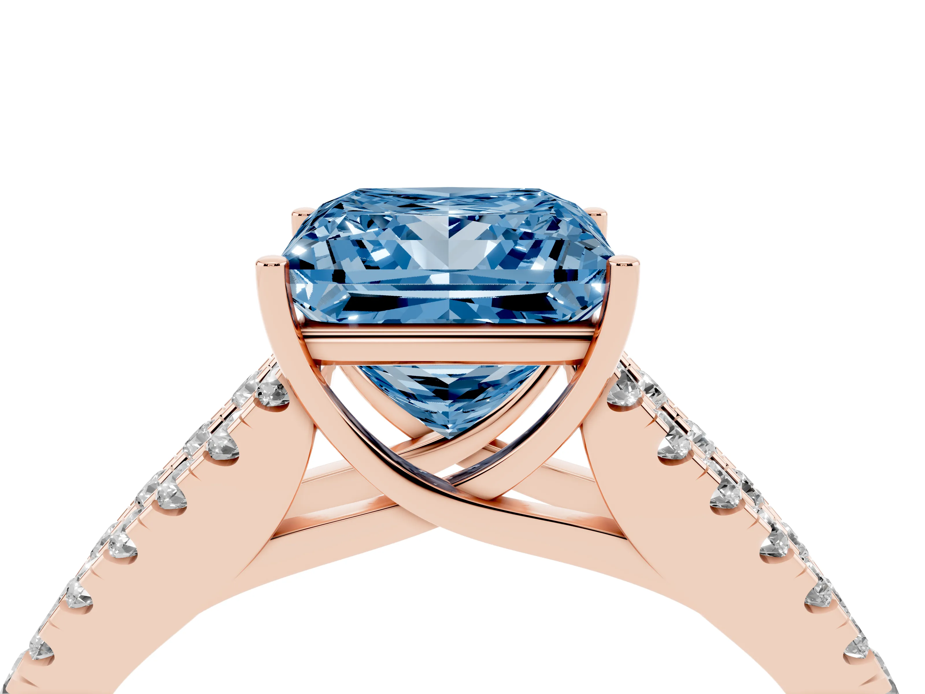Fancy Blue Princess Cut Diamond Split Shank Pavé Engagement Ring Set in Rose gold with Prong-Held Center Stone