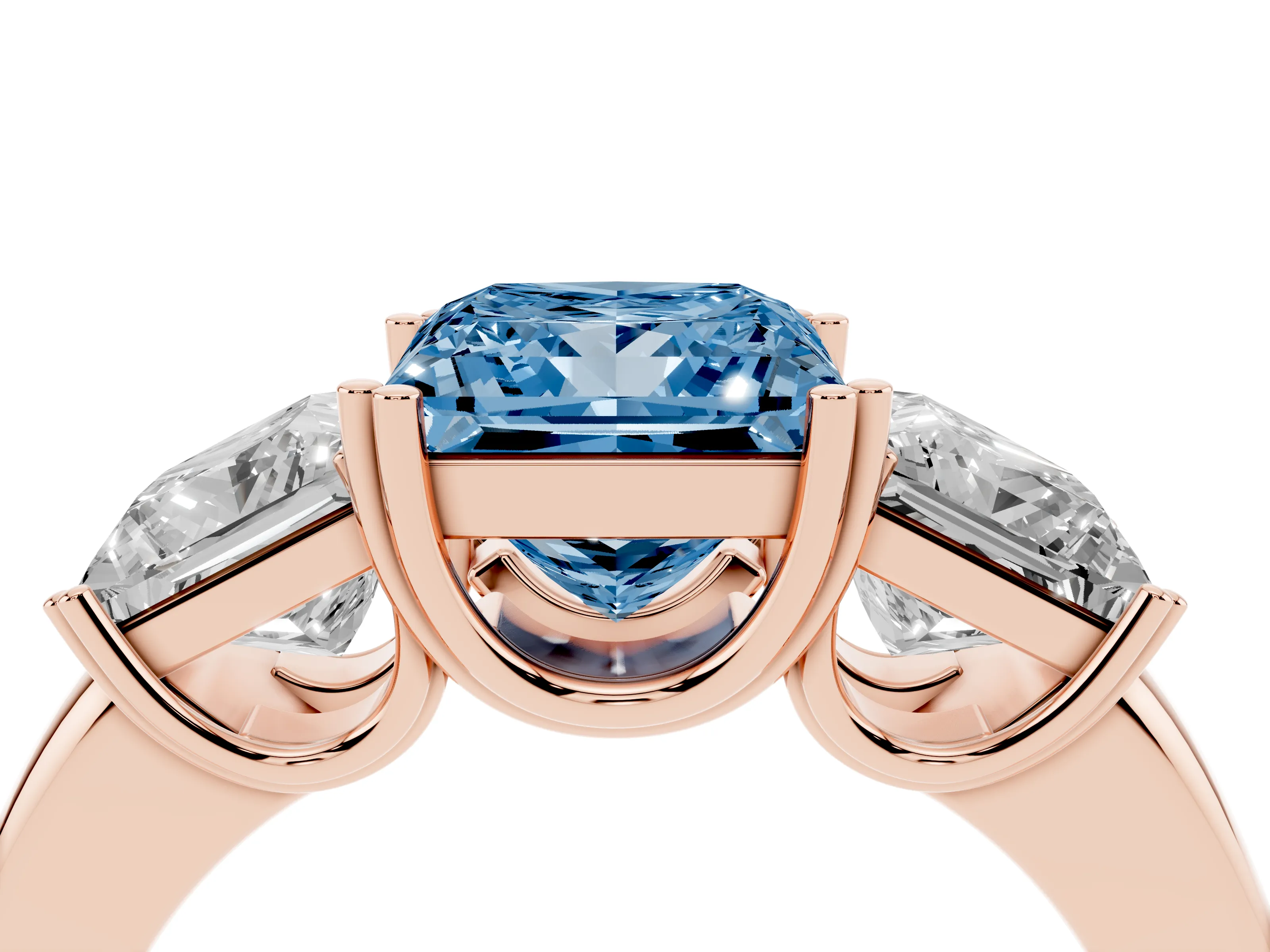 Fancy Blue Princess Cut Diamond Three-Stone Ring Set in Rose gold with Polished Channel-Set Band