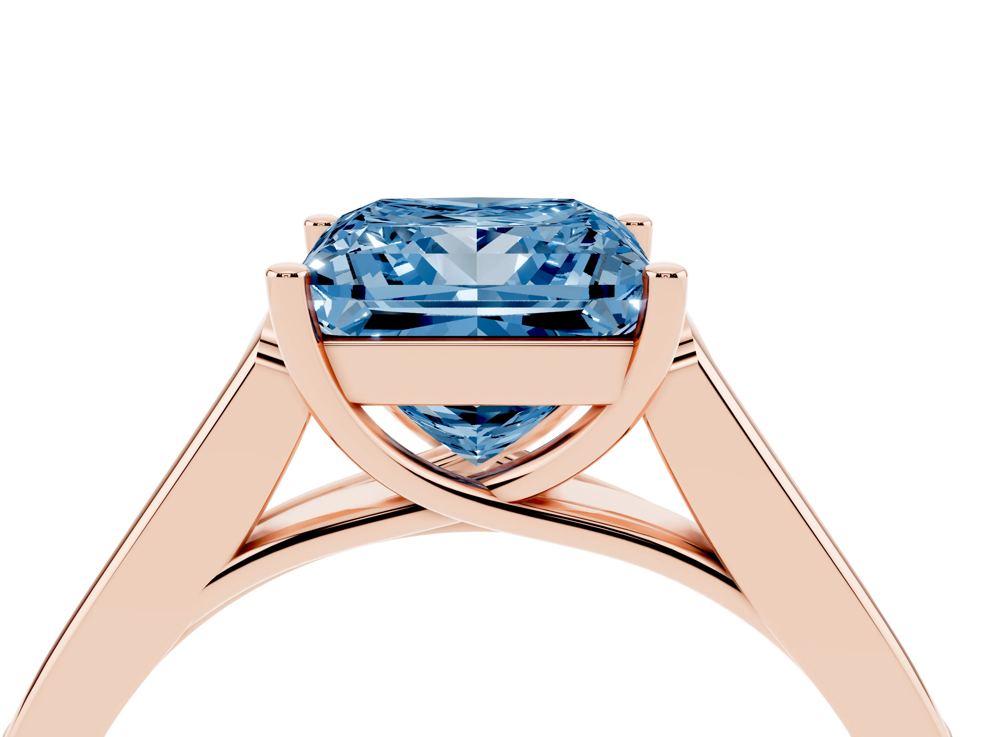 Fancy Blue Princess Cut Diamond Solitaire Cathedral Engagement Ring Set in Rose gold with Channel-Set Band and Prong Setting