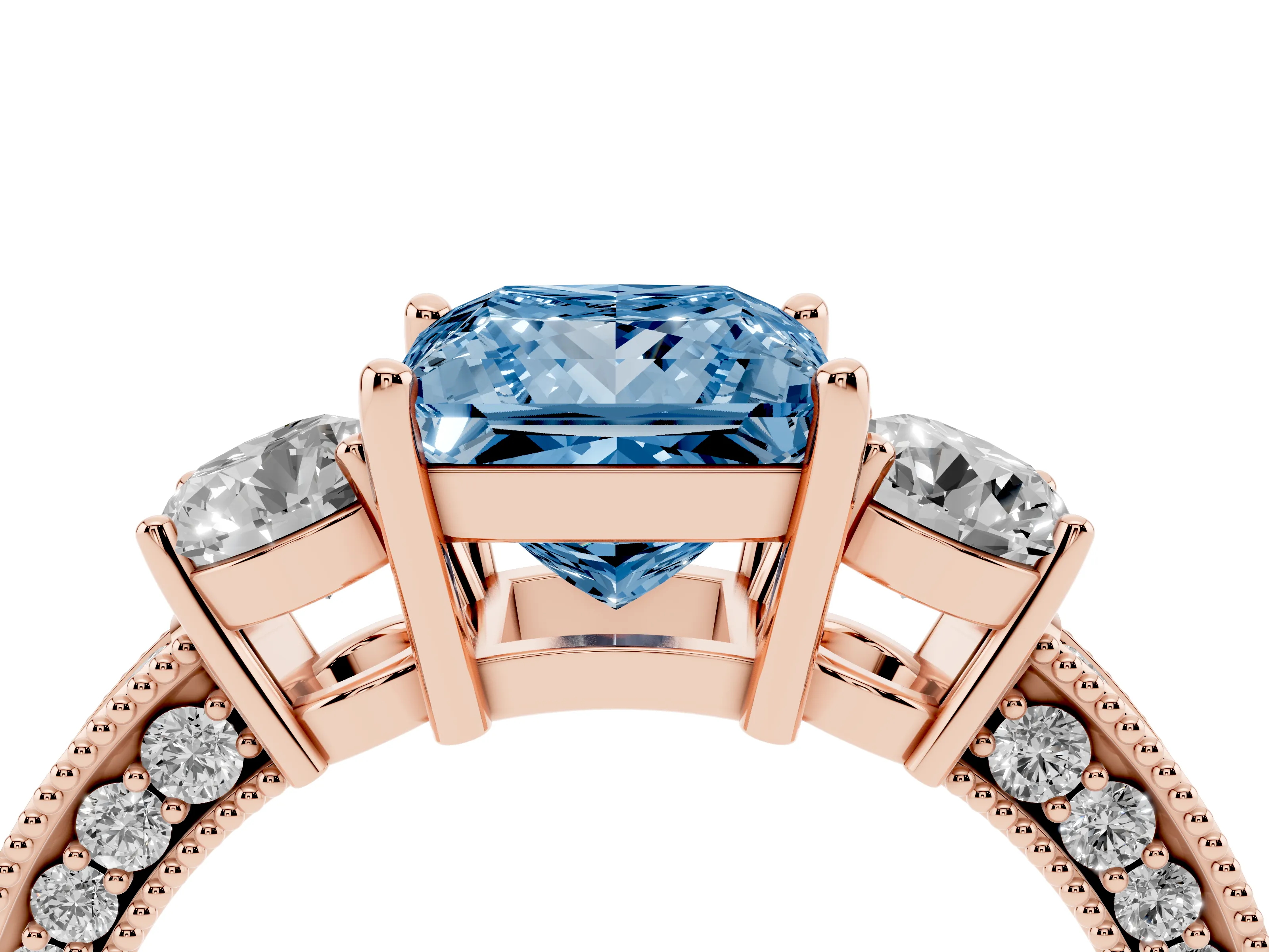 Fancy Blue Princess Cut Diamond Three-Stone Ring Set in Rose gold with Round Side Stones and Pavé Band