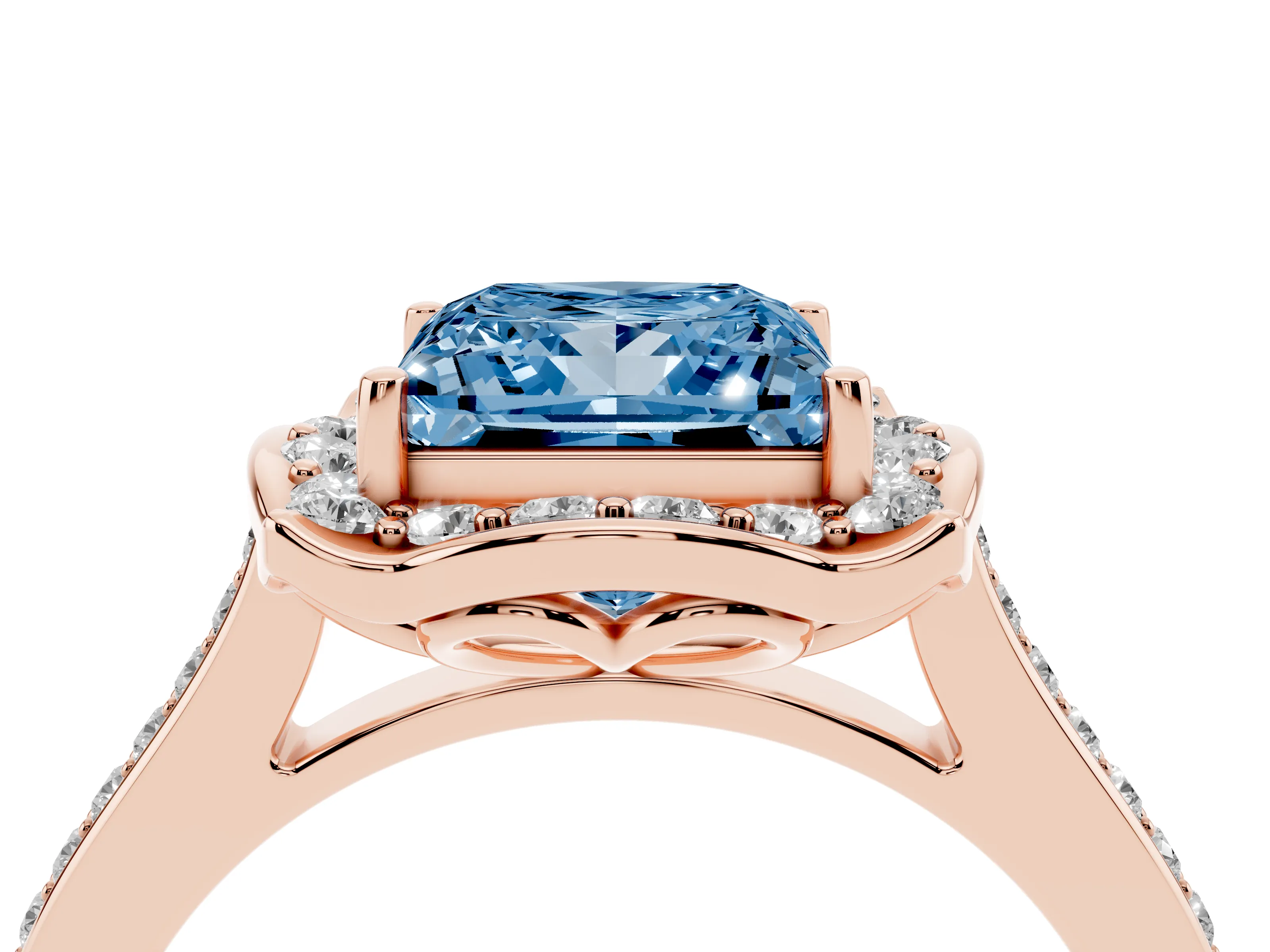 Fancy Blue Princess Cut Diamond Halo Ring Set in Rose gold with Pavé-Lined Shoulders and Prong Setting