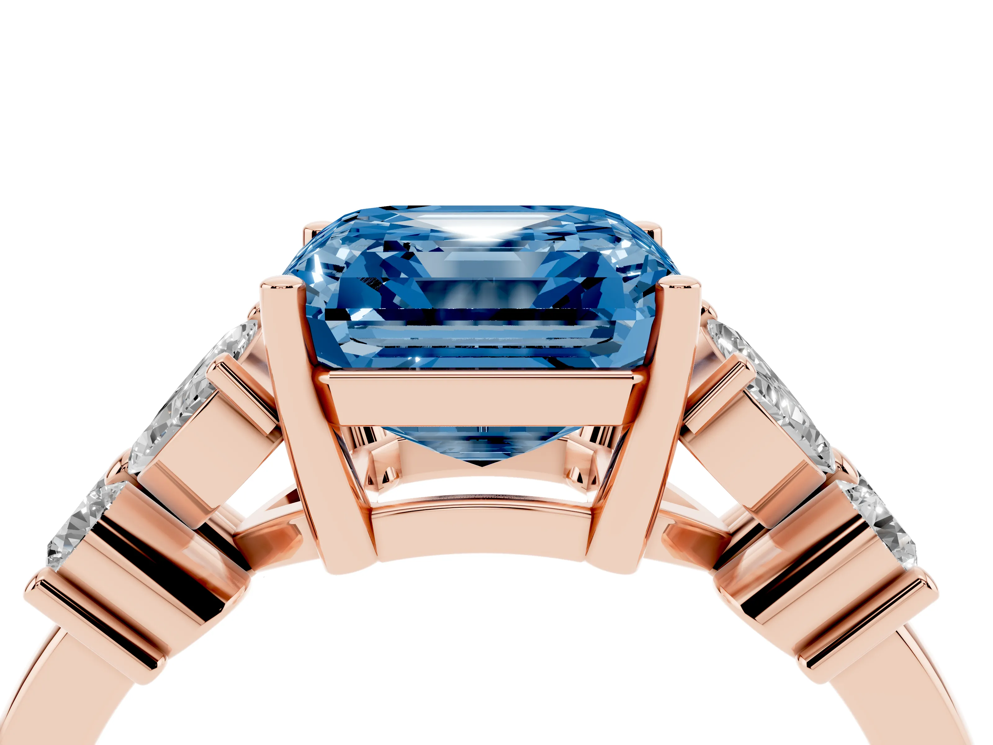 Fancy Blue Princess Cut Diamond Floral Cluster Ring Set in Rose gold with Marquise Petals and Prong Setting