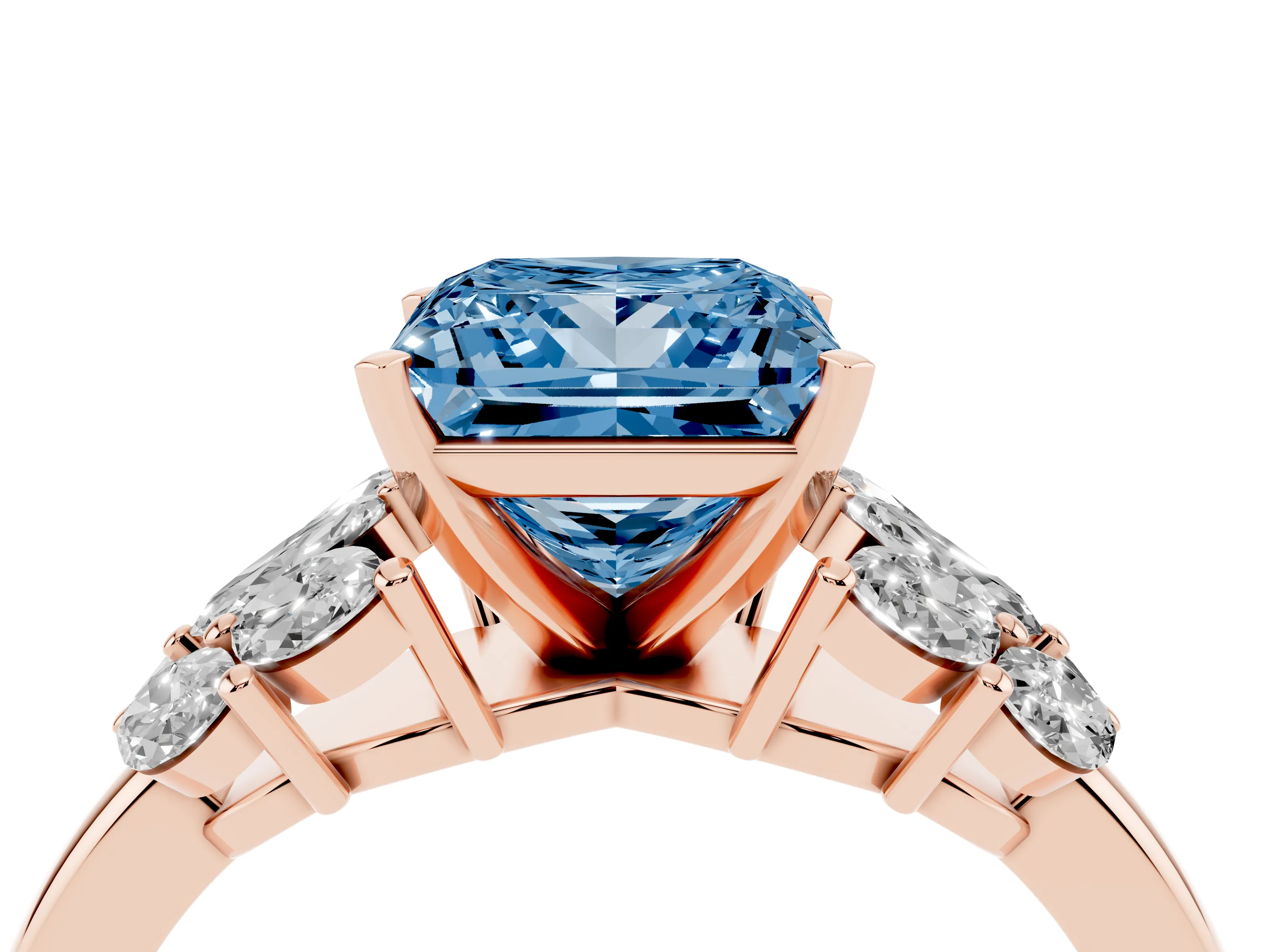 Fancy Blue Princess Cut Diamond Cluster Leaf Design Ring Set in Rose gold with Prong Setting