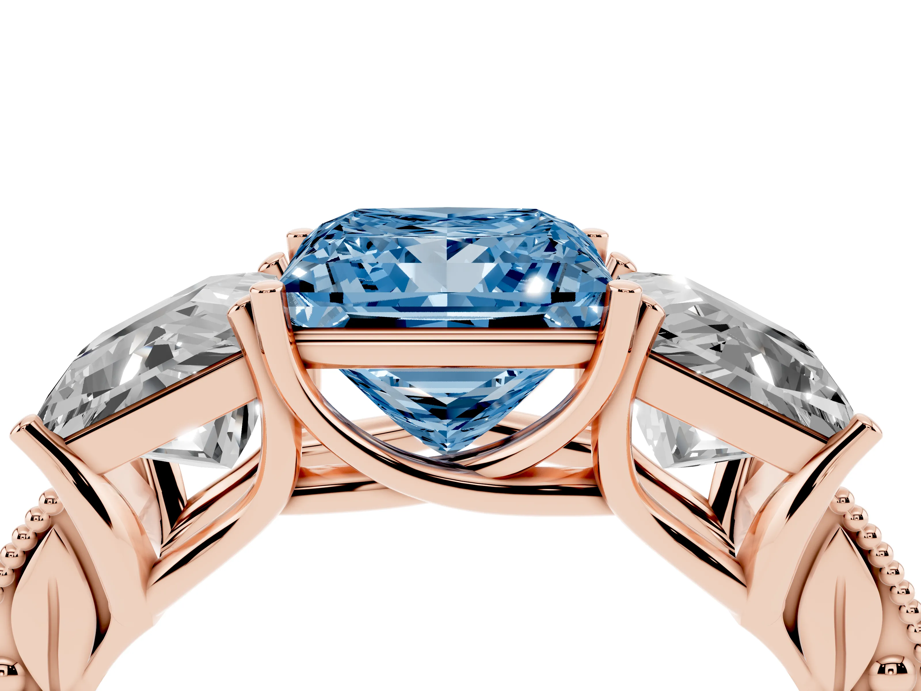 Fancy Blue Princess Cut Diamond Three-Stone Engagement Ring Set in Rose gold with Milgrain Pavé Band