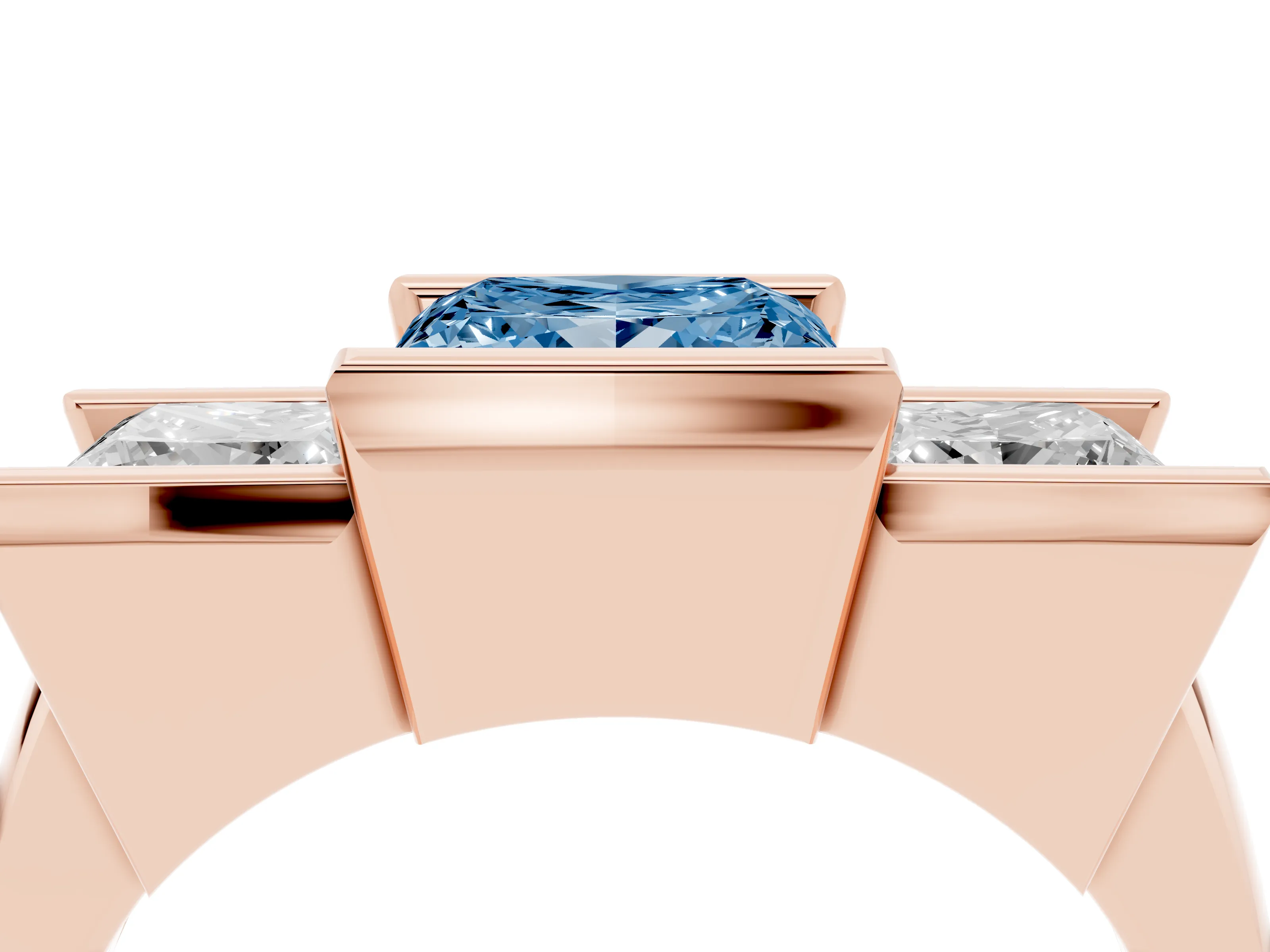 Fancy Blue Princess Cut Diamond Three-Stone Channel Set Ring Set in Rose gold with Smooth Polished Band