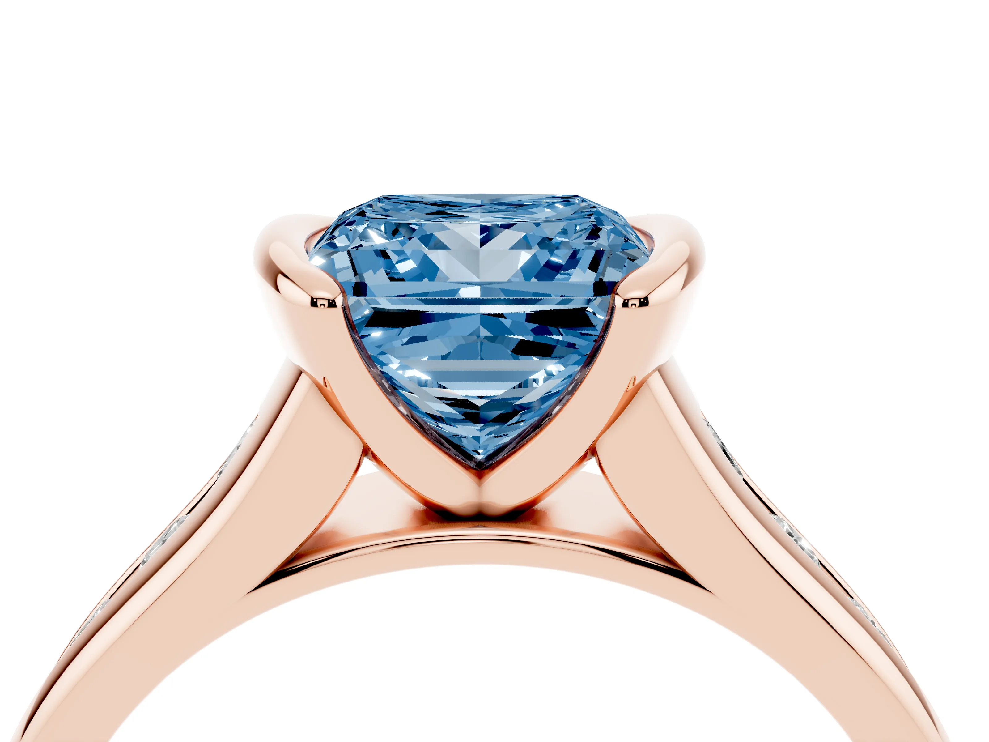 Fancy Blue Princess Cut Diamond Bezel-Set Solitaire Ring Set in Rose gold with Channel-Set Band