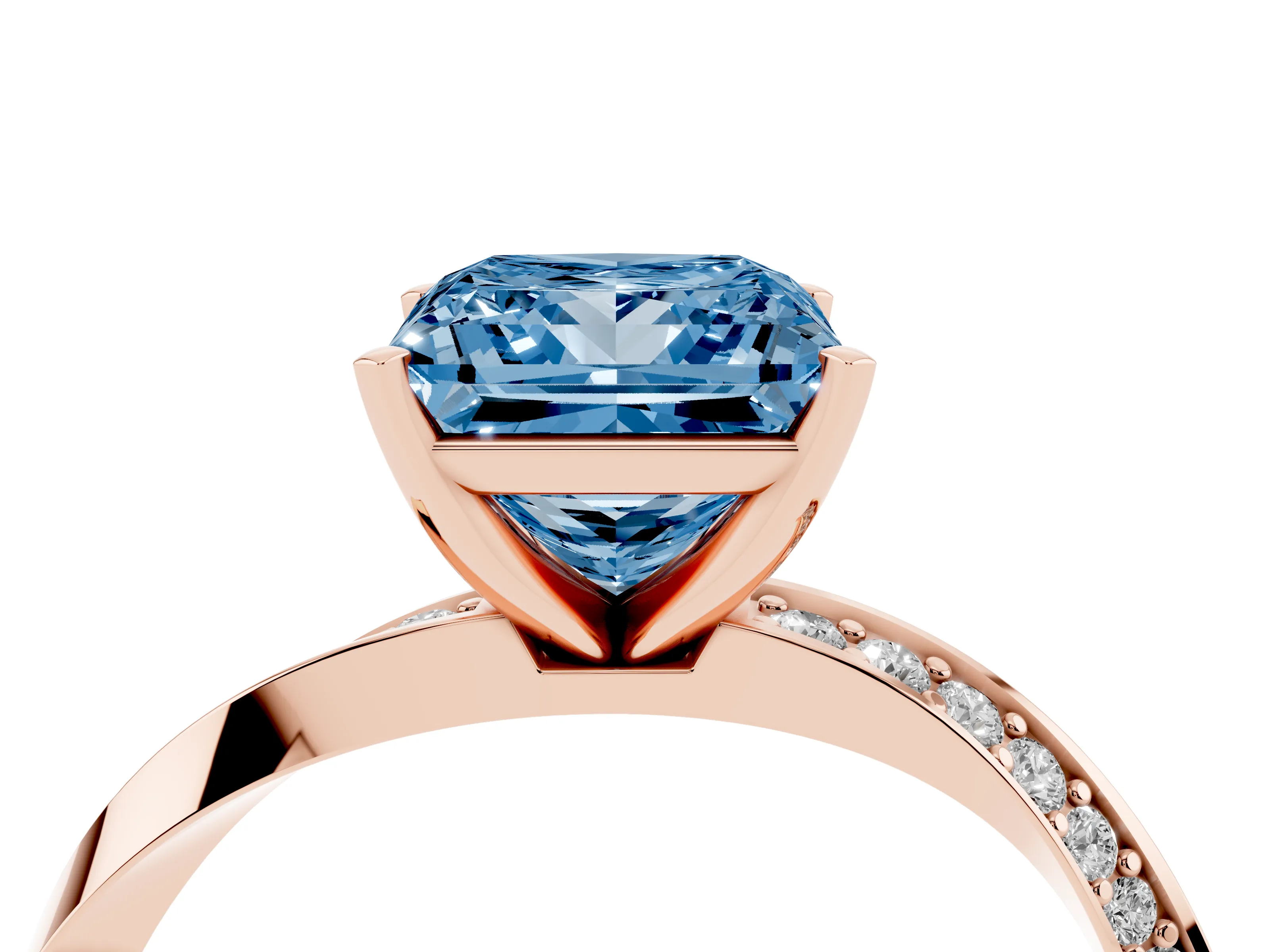 Fancy Blue Princess Cut Diamond Engagement Ring Set in Rose gold with Side Stone Accents and Prong Setting
