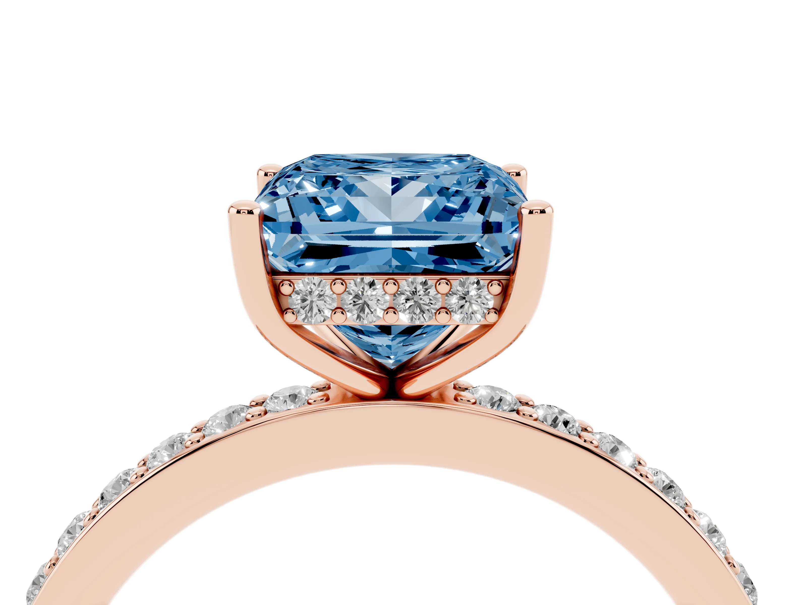 Fancy Blue Princess Cut Diamond Pavé Band Ring Set in Rose gold with Prong-Set Center Stone