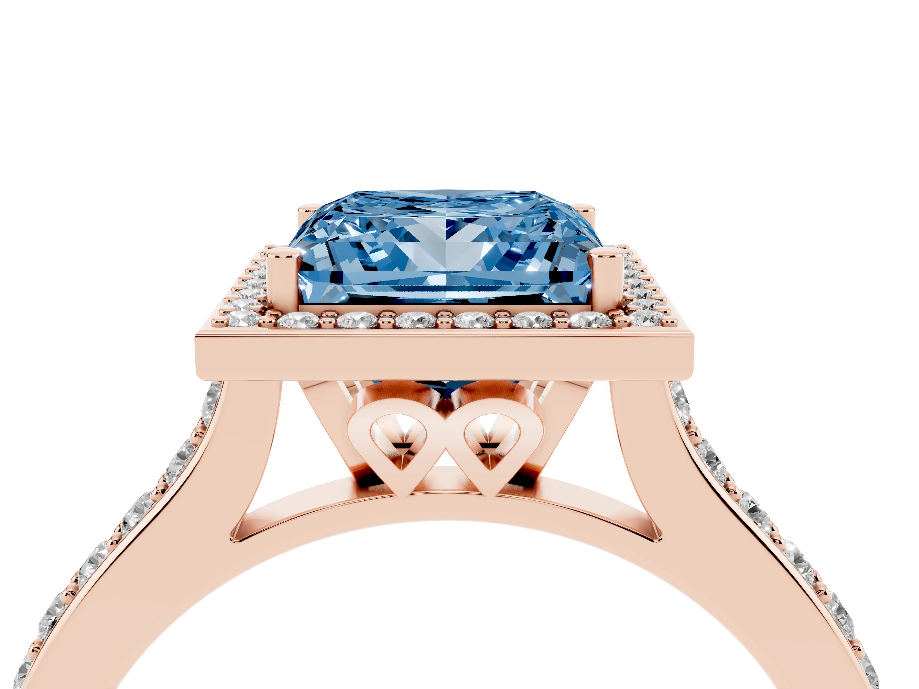 Fancy Blue Princess Cut Diamond Halo Engagement Ring Set in Rose gold with Round Pavé Shoulders and Heart Gallery