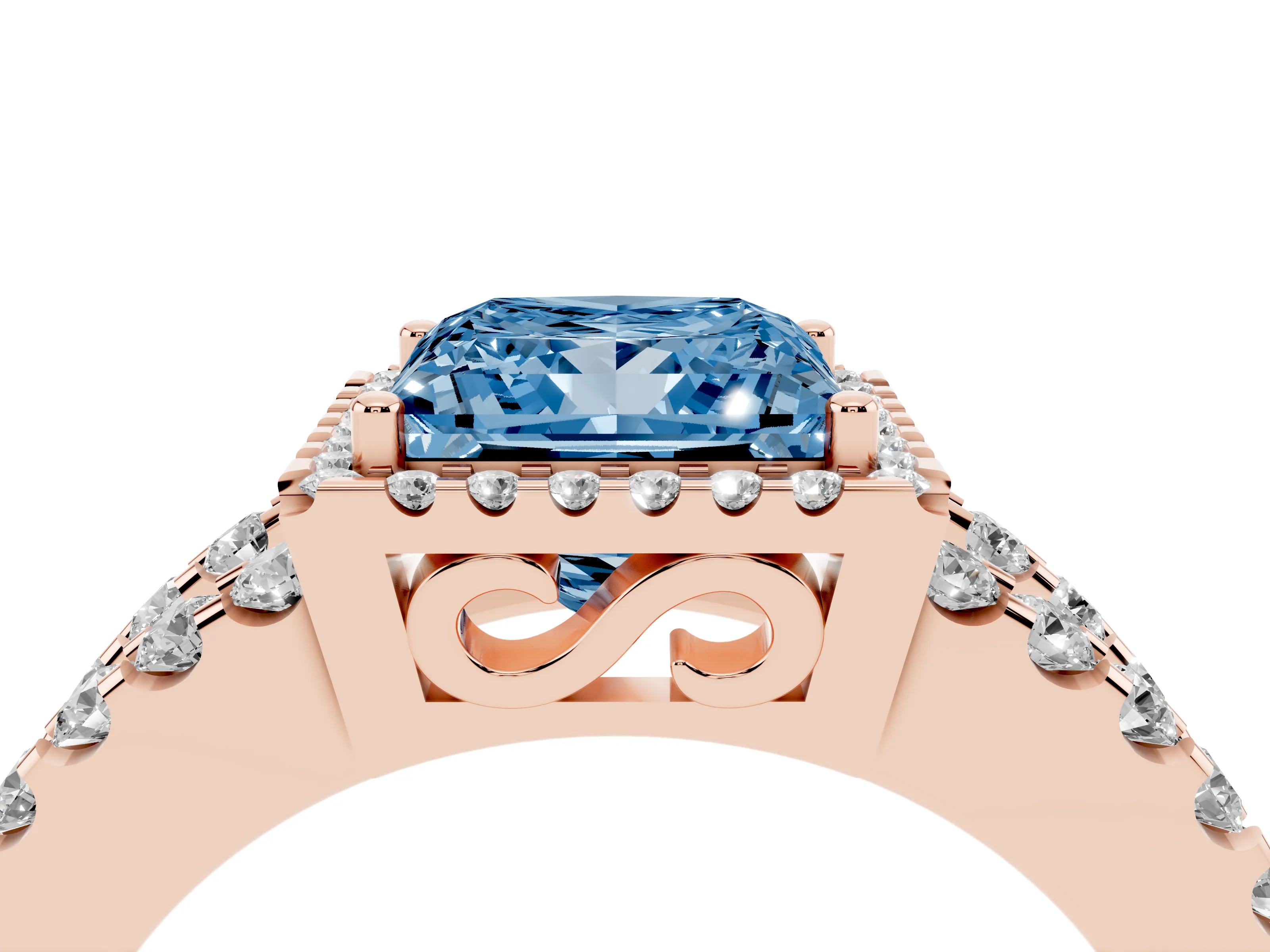 Fancy Blue Princess Cut Diamond Halo Ring Set in Rose gold with Pavé Split Shank and Prong Setting