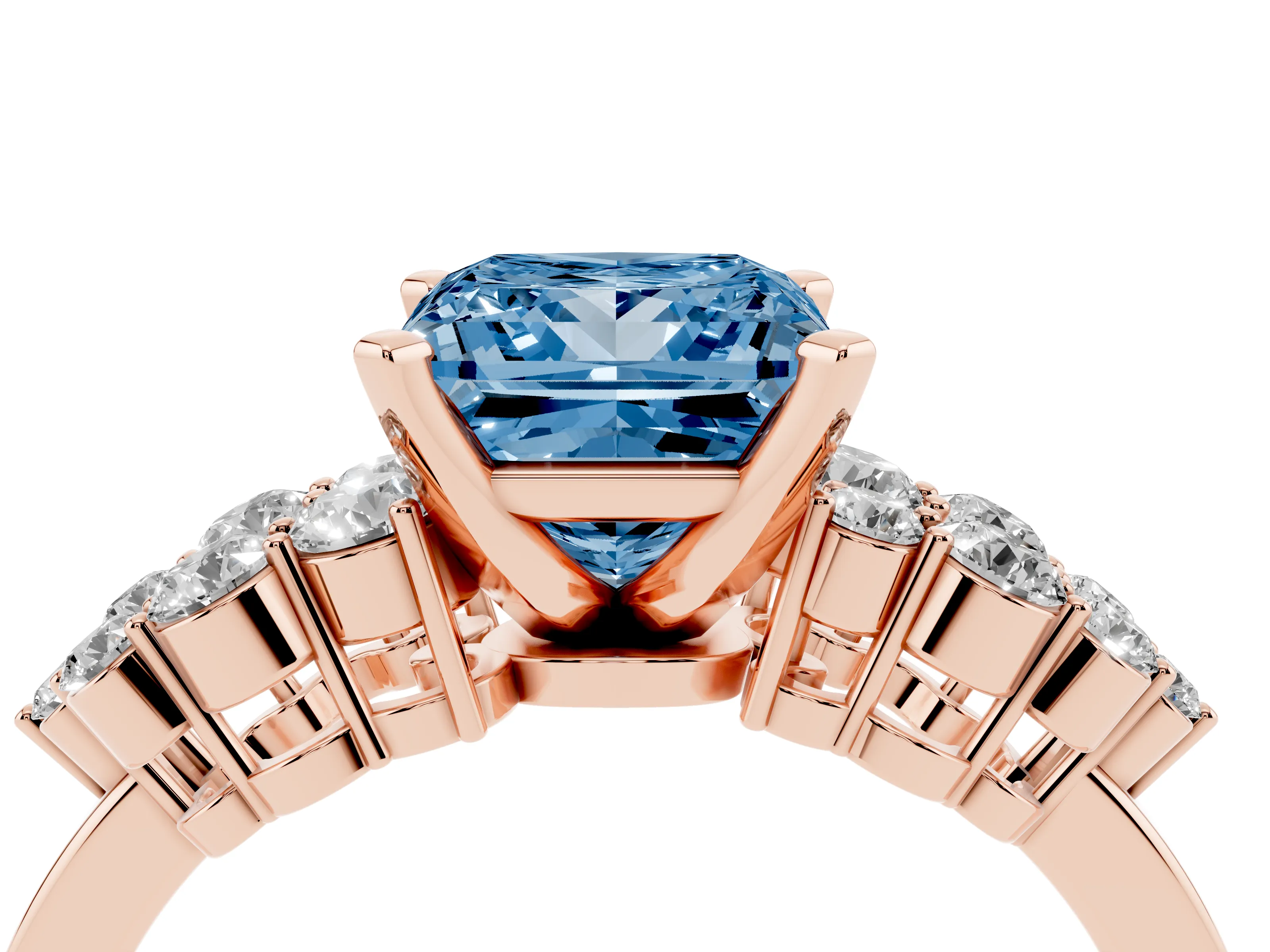 Fancy Blue Princess Cut Diamond Cluster Engagement Ring Set in Rose gold with Pavé Band and Prong Setting