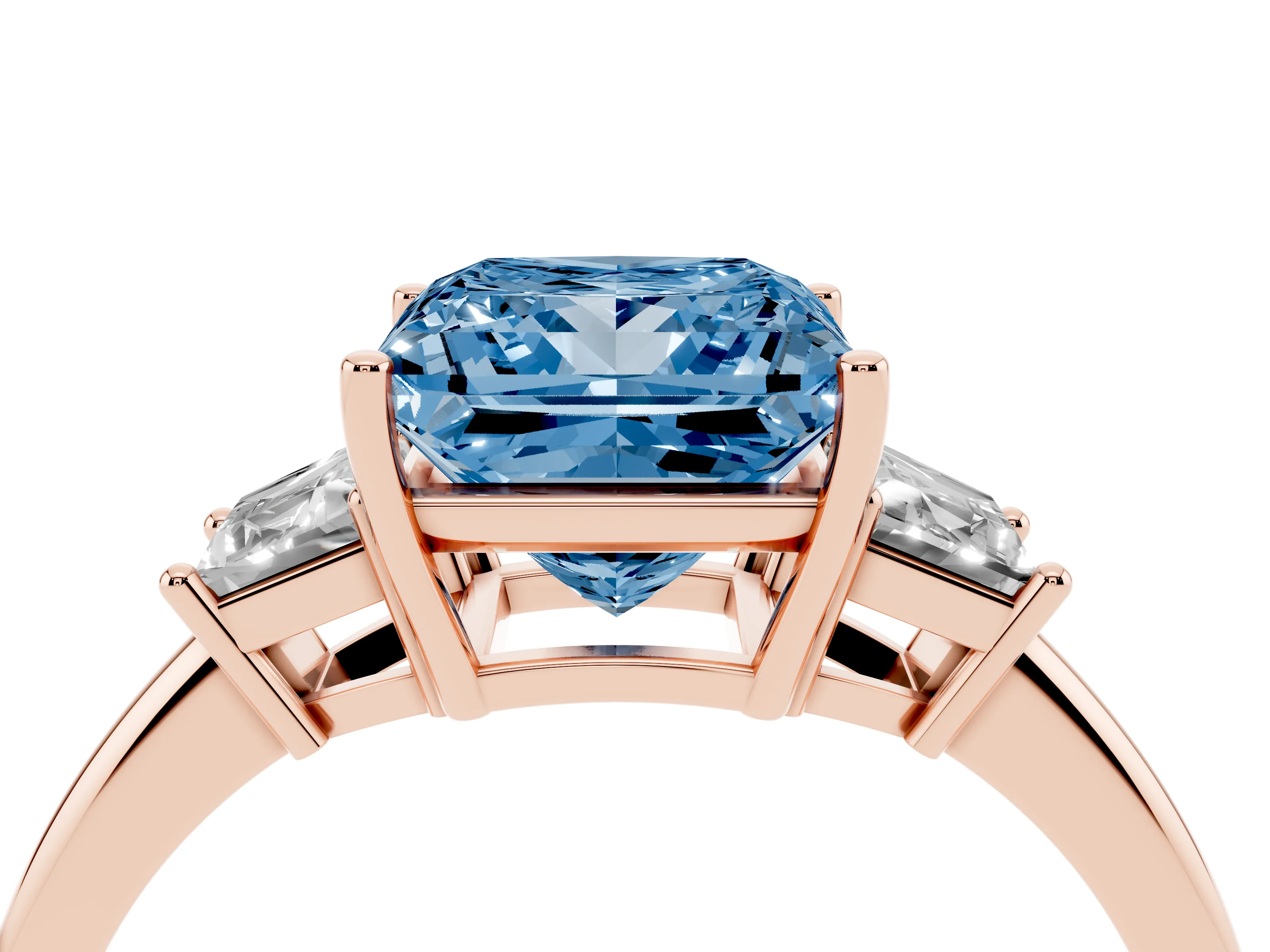 Fancy Blue Princess Cut Diamond Three-Stone Ring Set in Rose gold with Trapezoid Side Stones and Prong Setting