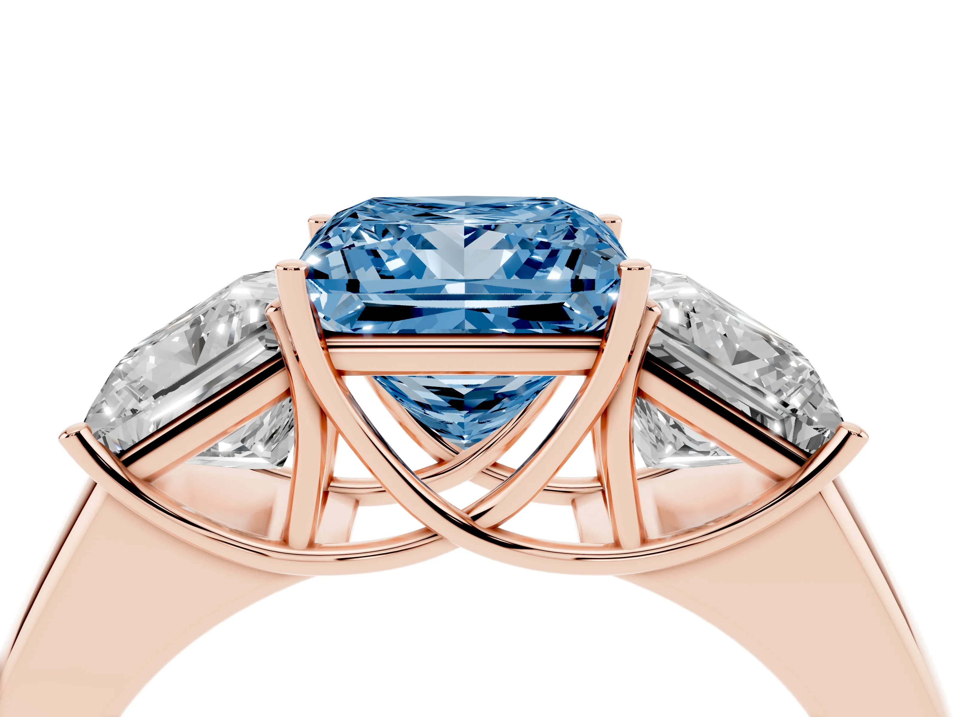 Fancy Blue Three-Stone Princess Cut Diamond Ring Set in Rose gold with Matching Prong Settings and Plain Band
