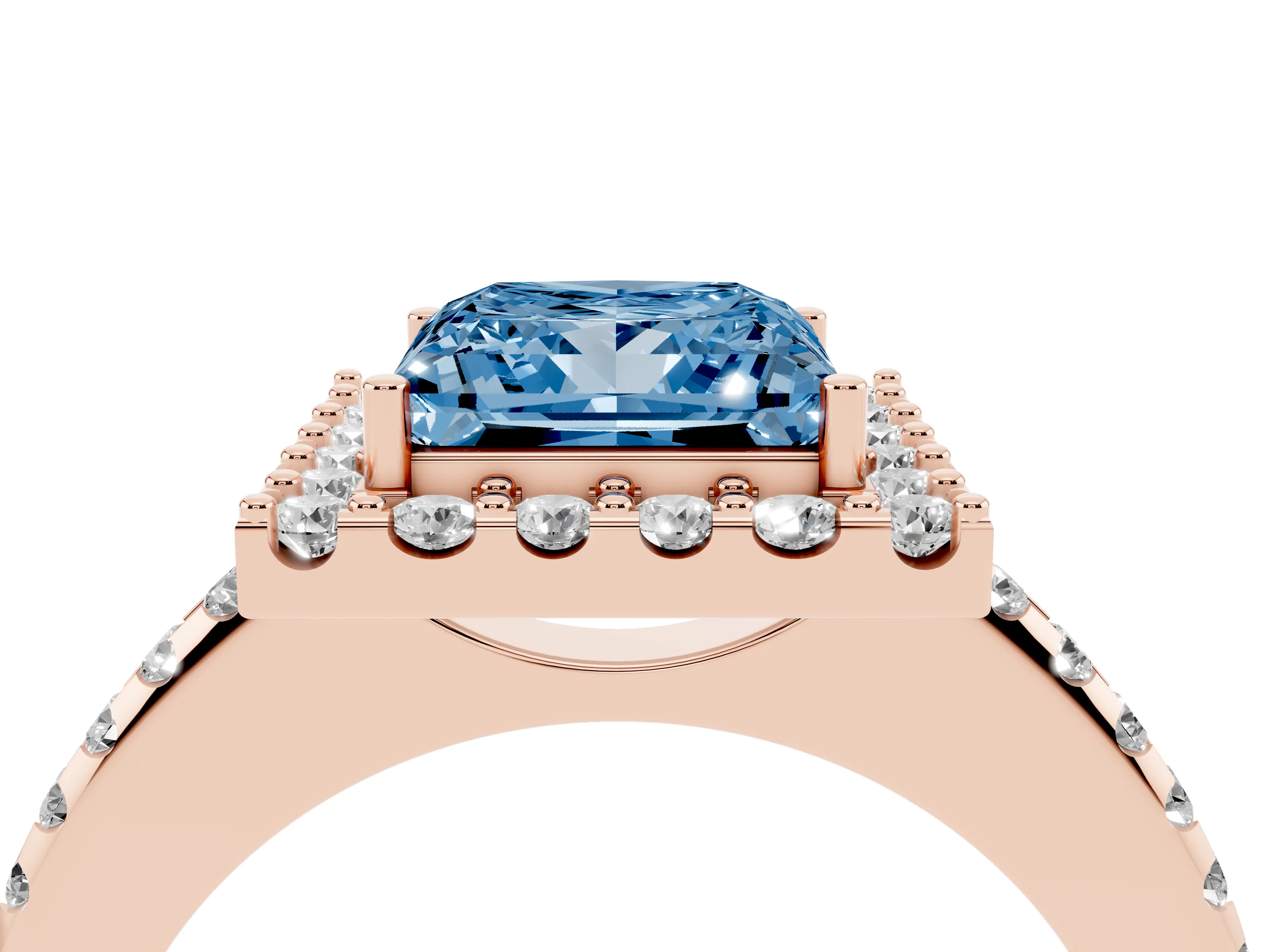 Fancy Blue Princess Cut Diamond Pavé Halo Ring Set in Rose gold with Prong Setting