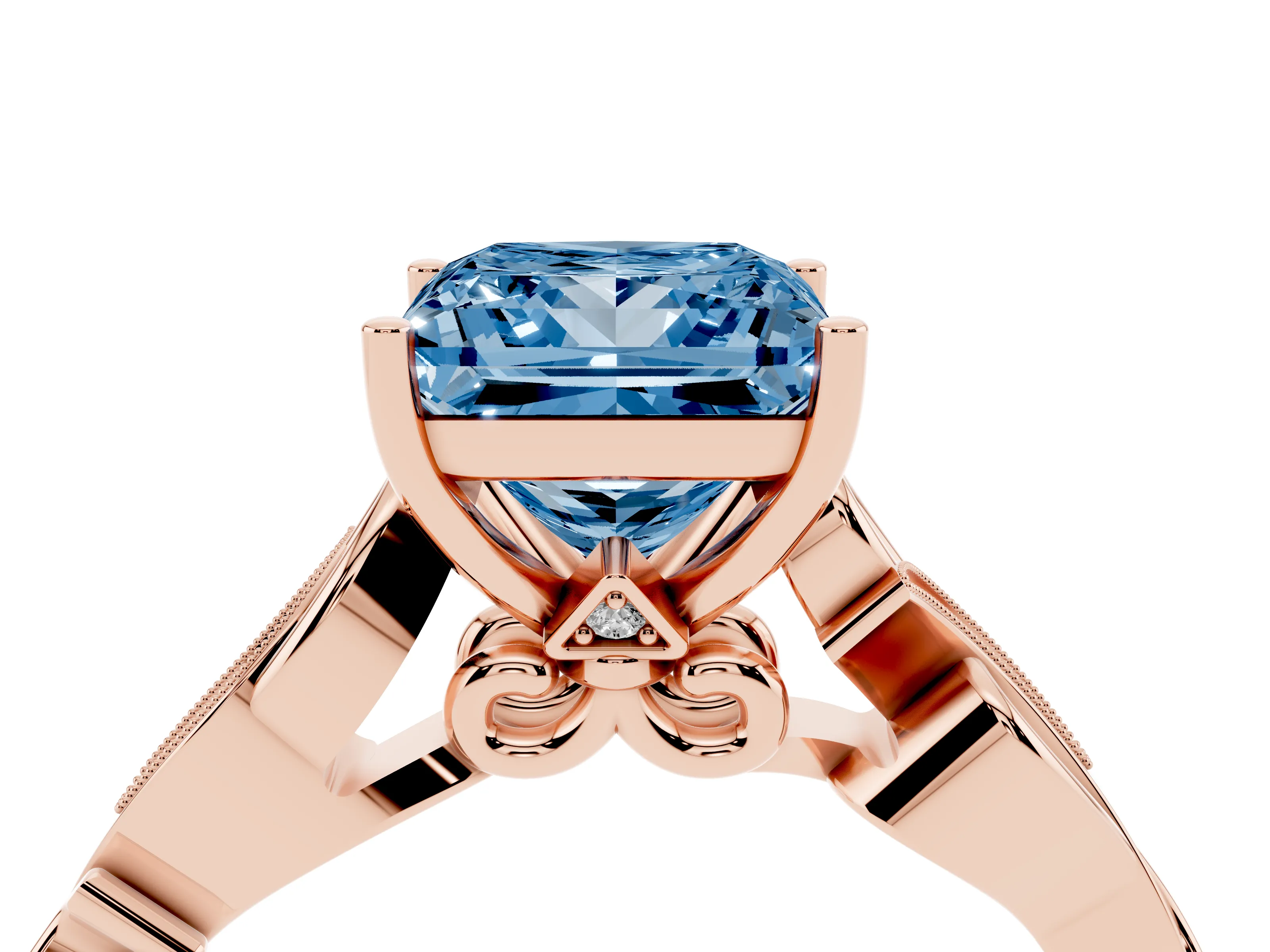 Fancy Blue Princess Cut Diamond Vine Band Solitaire Ring Set in Rose gold with Milgrain Prong Setting