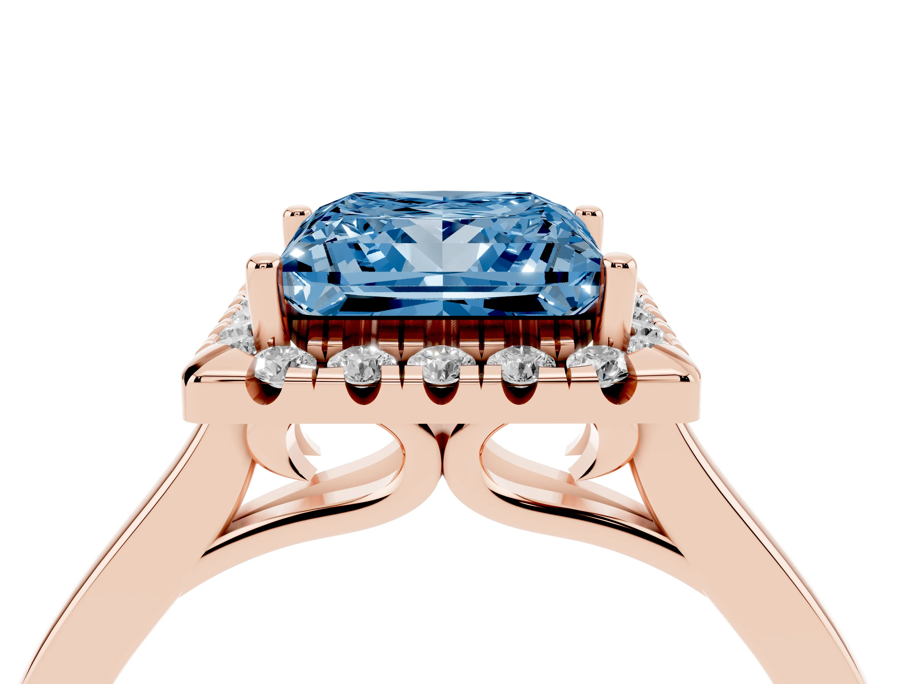 Fancy Blue Princess Cut Halo Round Diamond Solitaire Ring Set in Rose gold with Pavé Band and Prong Setting