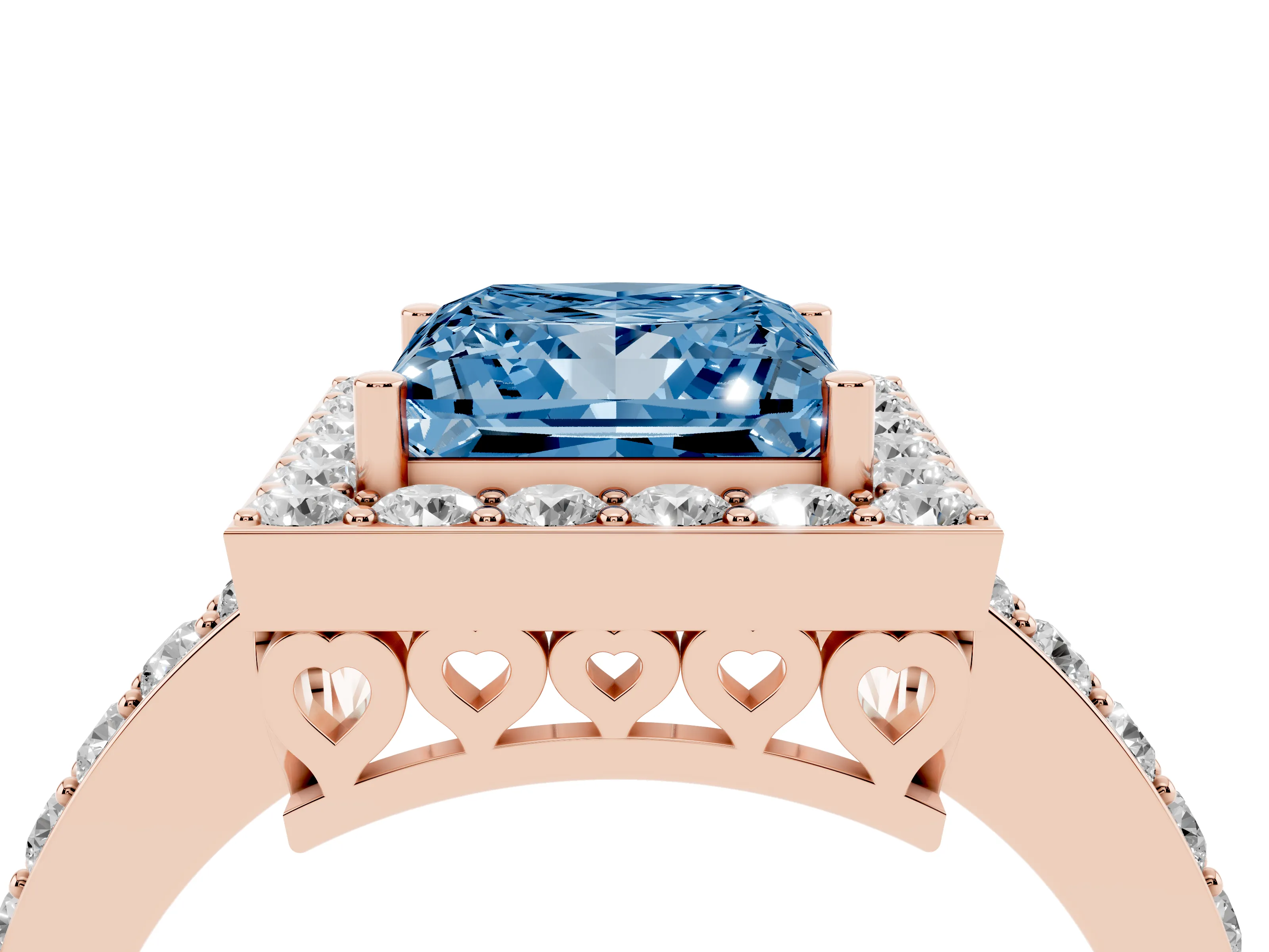 Fancy Blue Princess Cut Diamond Halo Ring Set in Rose gold with Pavé-Setting Band and Open Prong Center