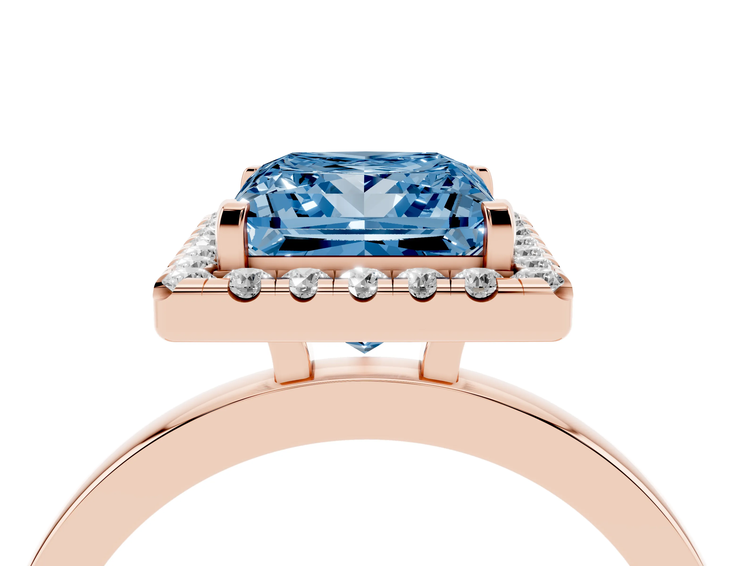 Fancy Blue Princess Cut Diamond Halo Solitaire Ring Set in Rose gold with Pavé Band and Prong Setting