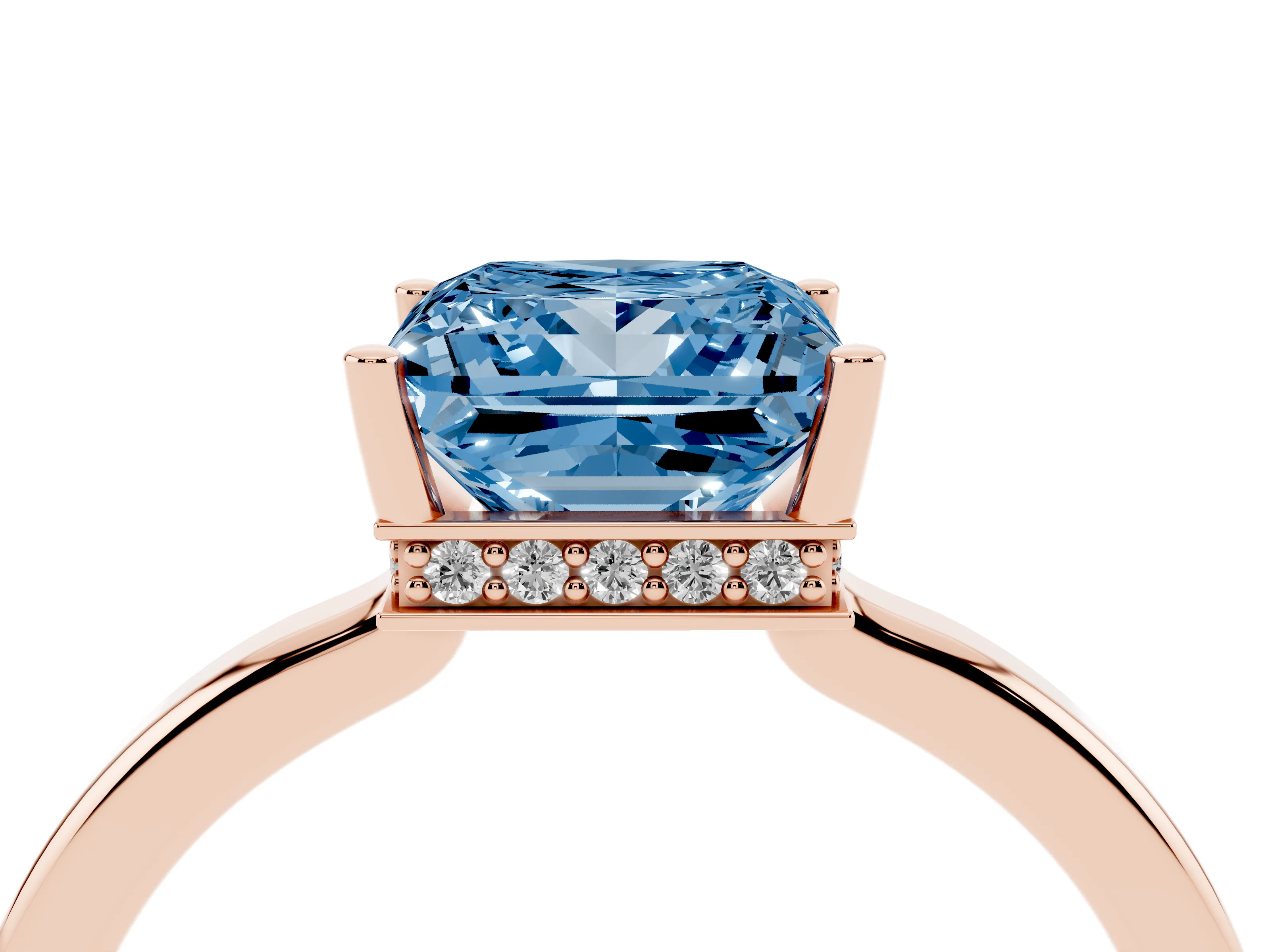 Fancy Blue Princess Cut Diamond Solitaire Engagement Ring Set in Rose gold with Prong Setting on a Plain Band