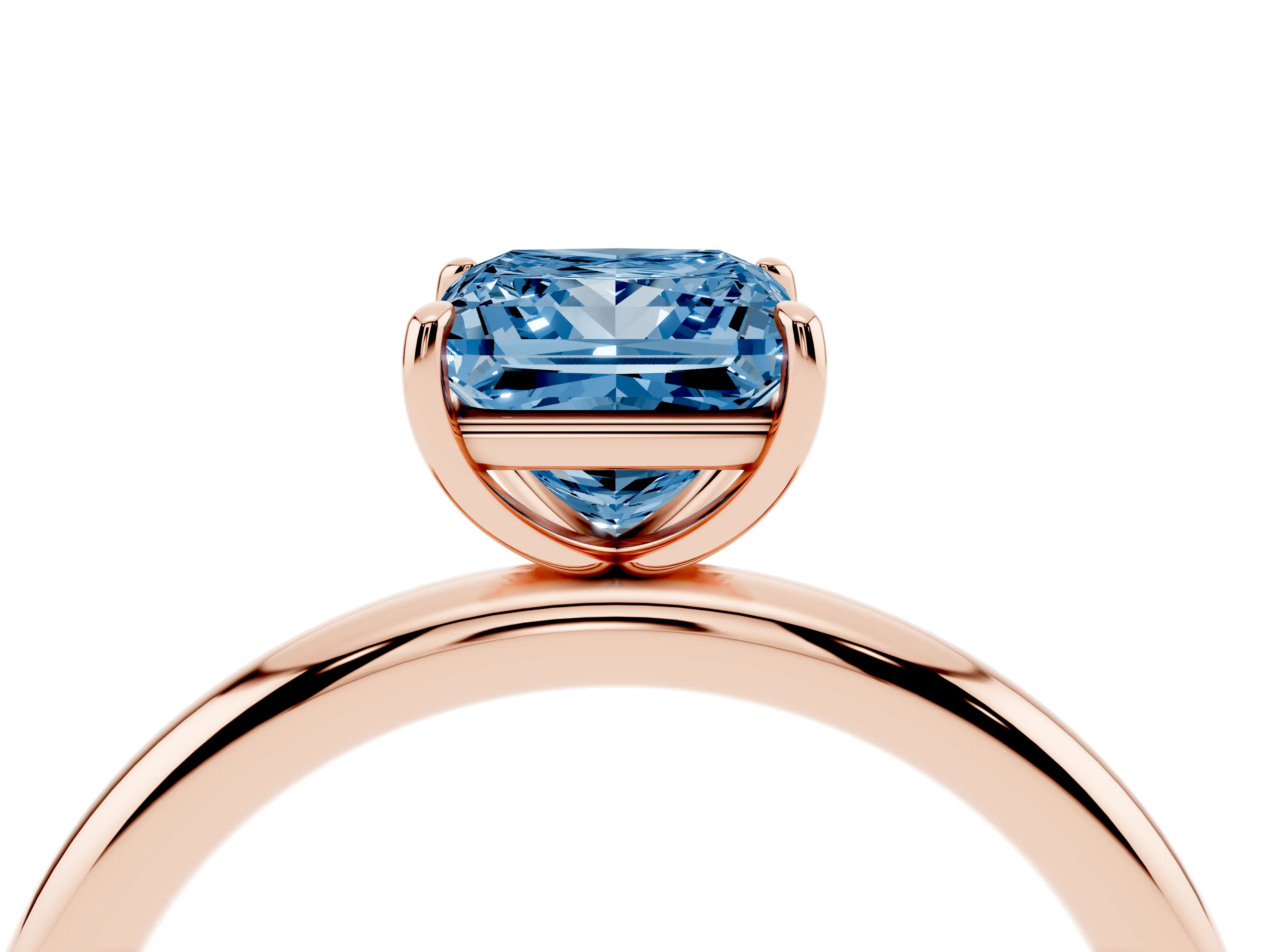 Fancy Blue Princess Cut Diamond Solitaire Ring Set in Rose gold with Prong Setting on a Polished Plain Band