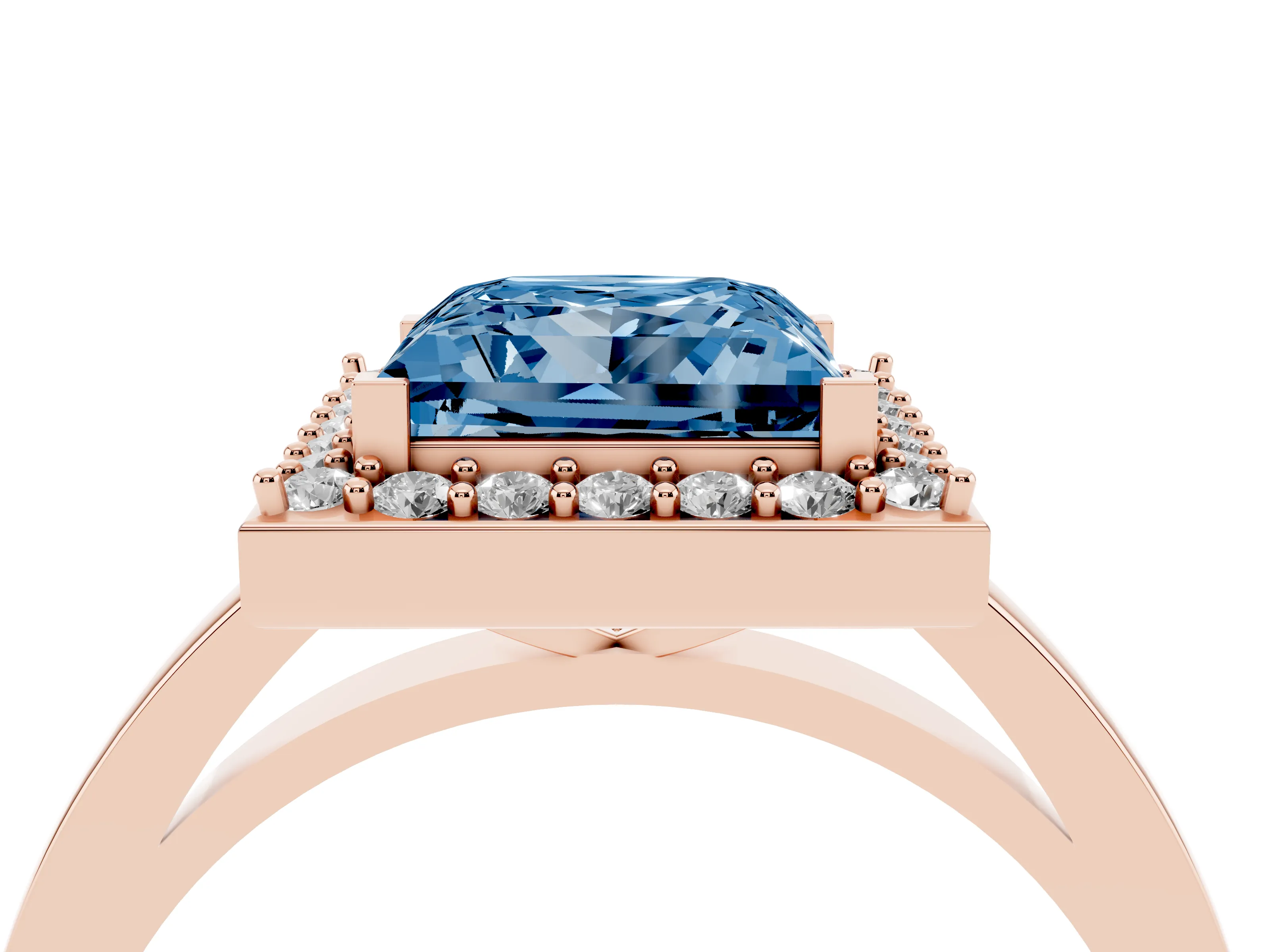 Fancy Blue Princess Cut Diamond Halo Ring Set in Rose gold with Solitaire Band and Prong Setting