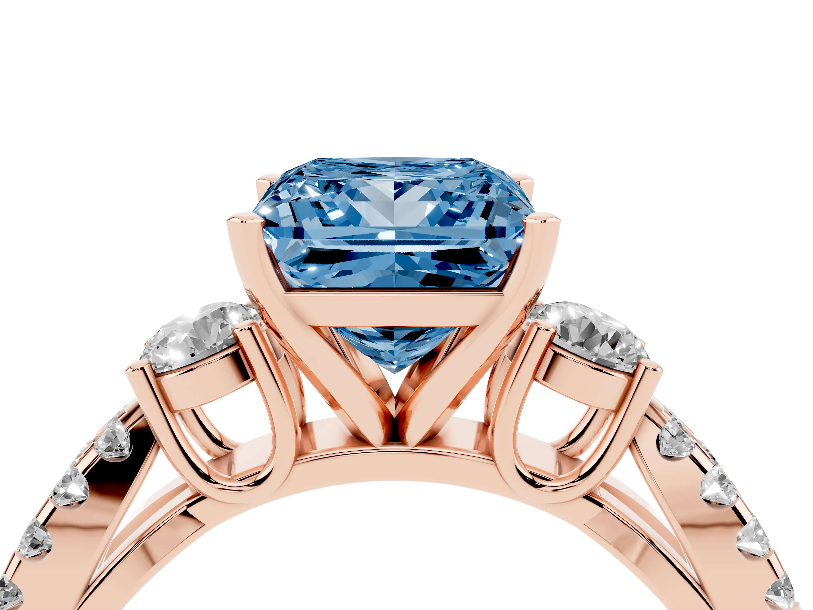 Fancy Blue Princess Cut Diamond Three-Stone Ring Set in Rose gold with Pavé Split Shank and Prong Setting