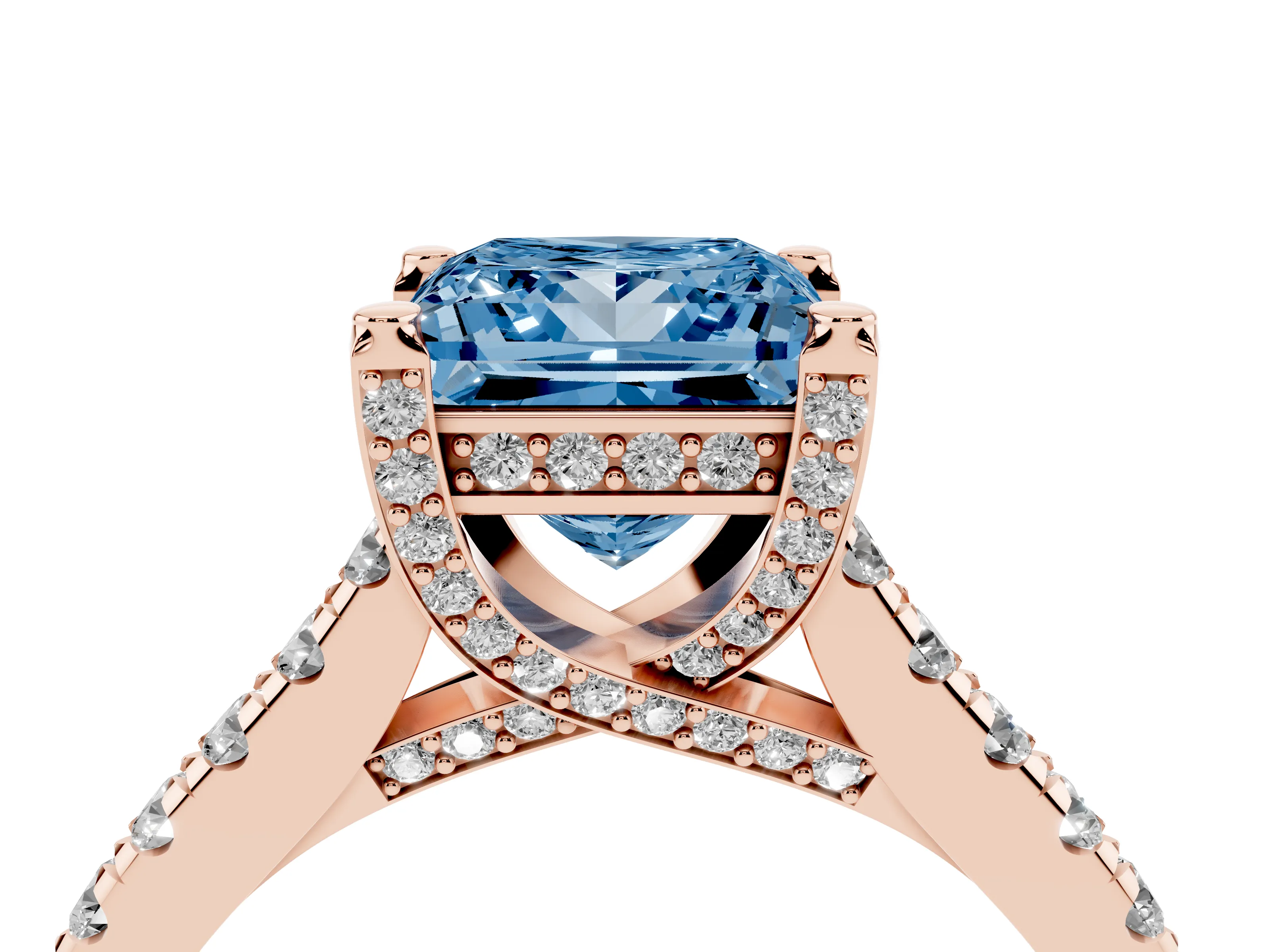 Fancy Blue Princess Cut Diamond Solitaire Ring Set in Rose gold with Brilliant Pavé Band and Prong Setting