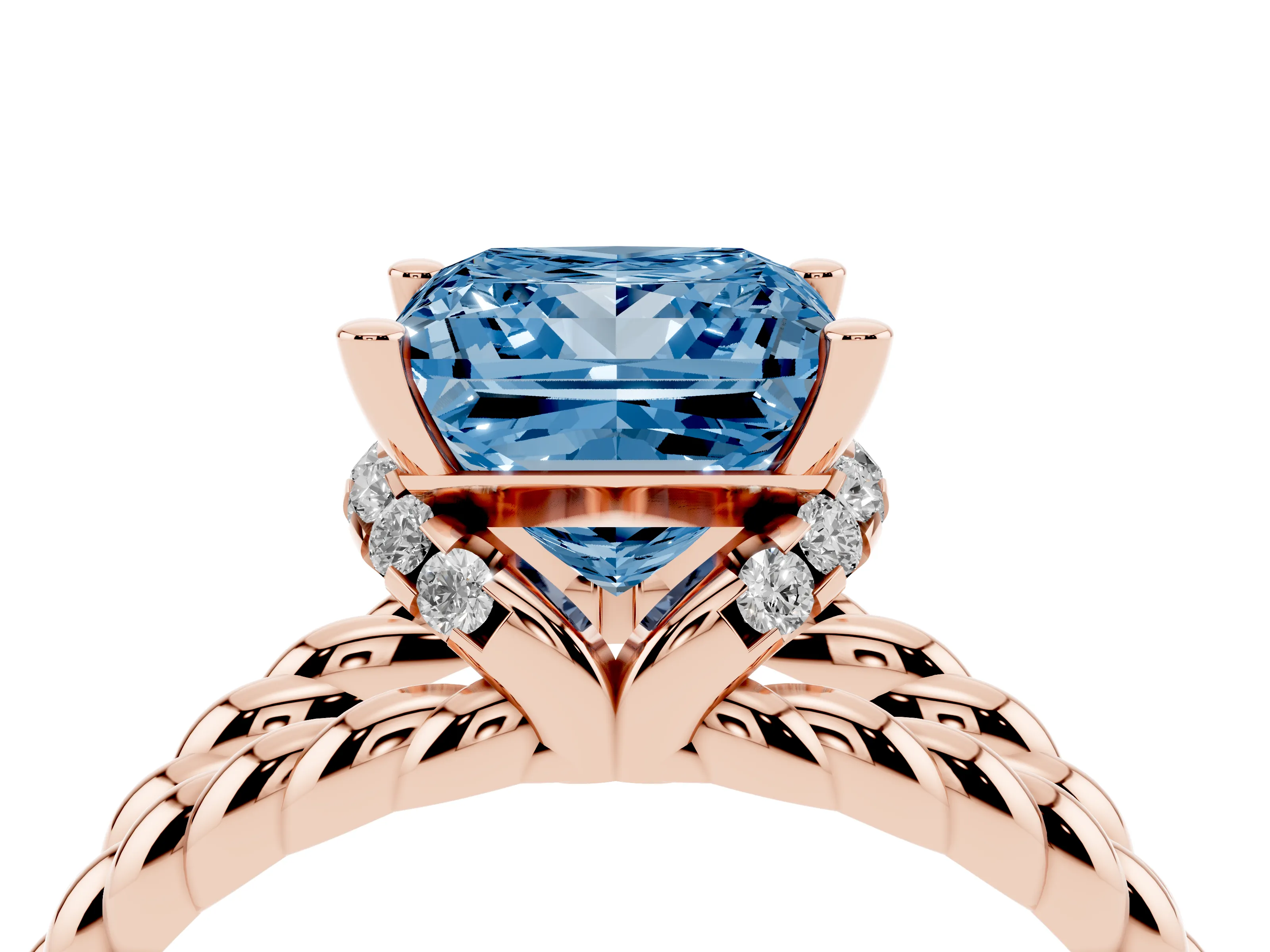 Fancy Blue Princess Cut Diamond Halo Ring Set in Rose gold with Twisted Band and Prong Setting