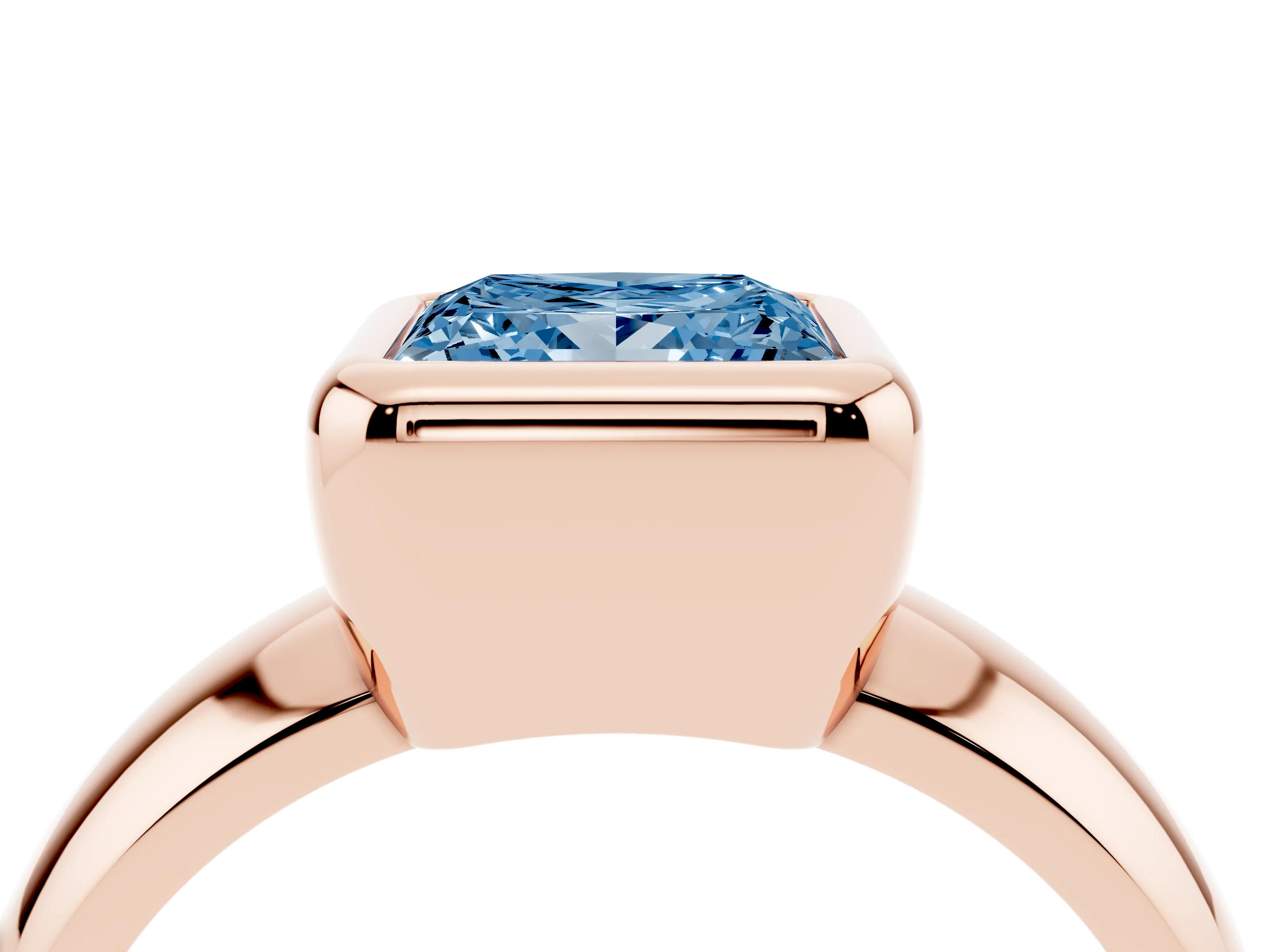 Fancy Blue Bezel Set Princess Cut Diamond Solitaire Ring Set in Rose gold with Wide Band